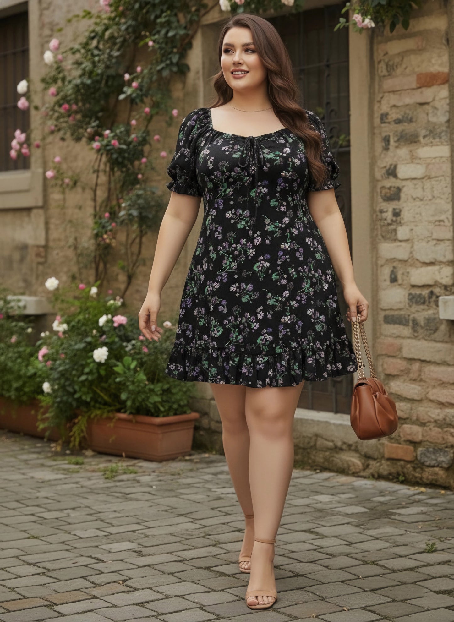 Berrylush Women Plus Size Black & Green Floral Printed Sweetheart Neck Tie-Up Front Crepe Ruffled A-Line Mini Dress