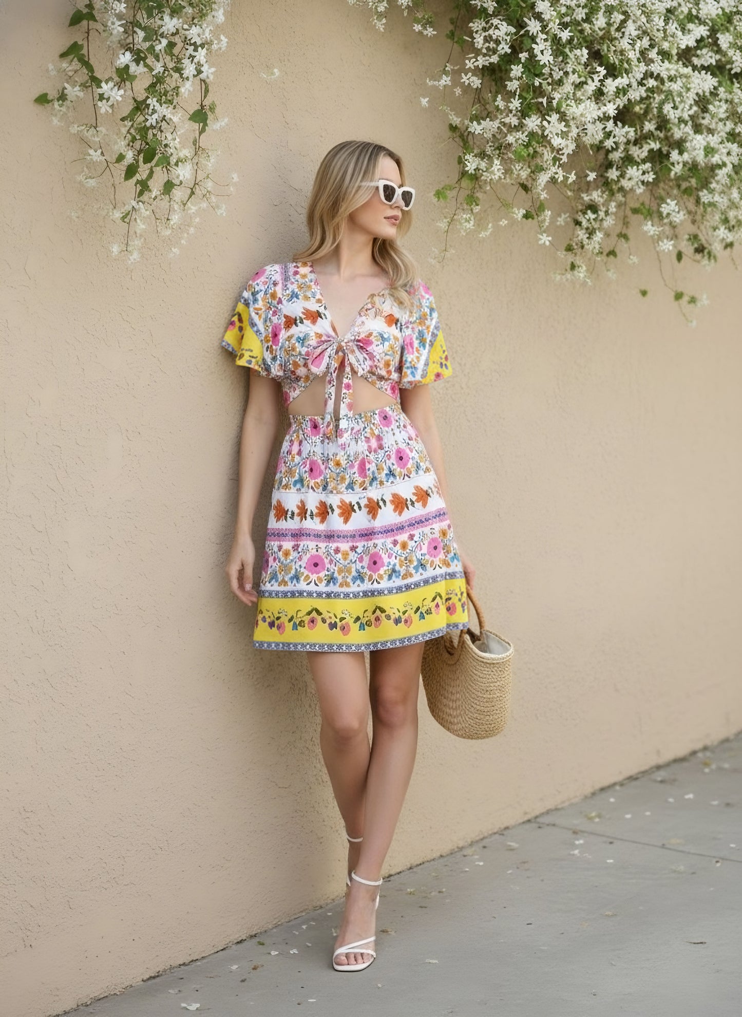 Berrylush Women White & Pink Floral Printed V-Neck Front Tie-Up Cutout Crepe Flared A-Line Mini Dress