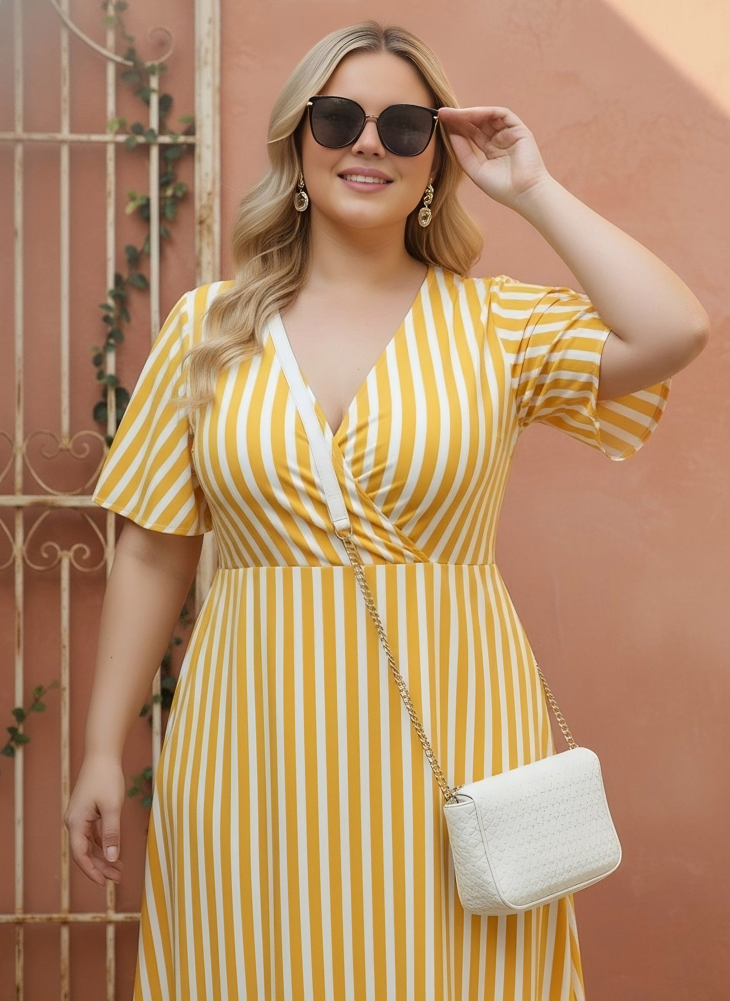 Berrylush Women Plus Size Yellow & White Striped Print V-Neck Flutter Sleeves Cotton Curved Hem Pleated A-line Mini Dress