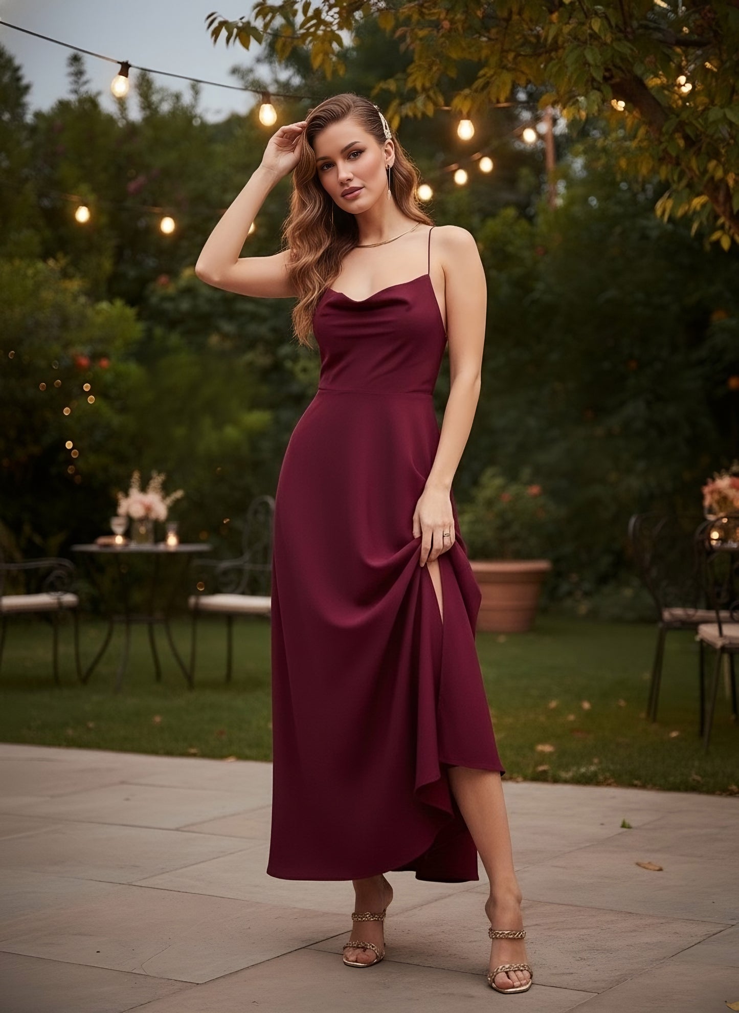 Berrylush Women Solid Maroon Cowl Neck Sleeveless Lace-Up Backless Thigh-High Slit Flared Maxi Dress