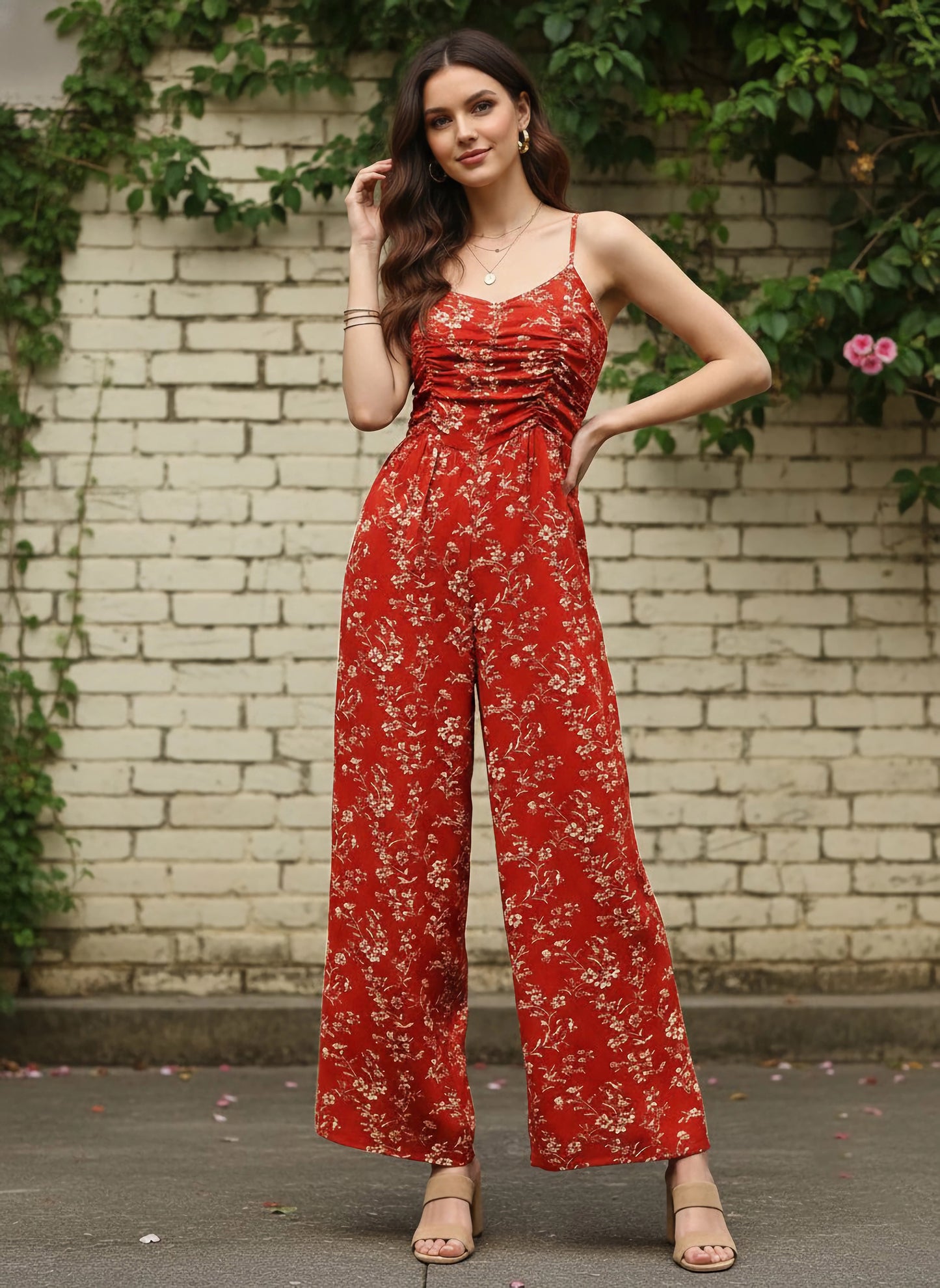 Berrylush Women Red & Off-White Floral Printed Round Neck Sleeveless Gathered Jumpsuit