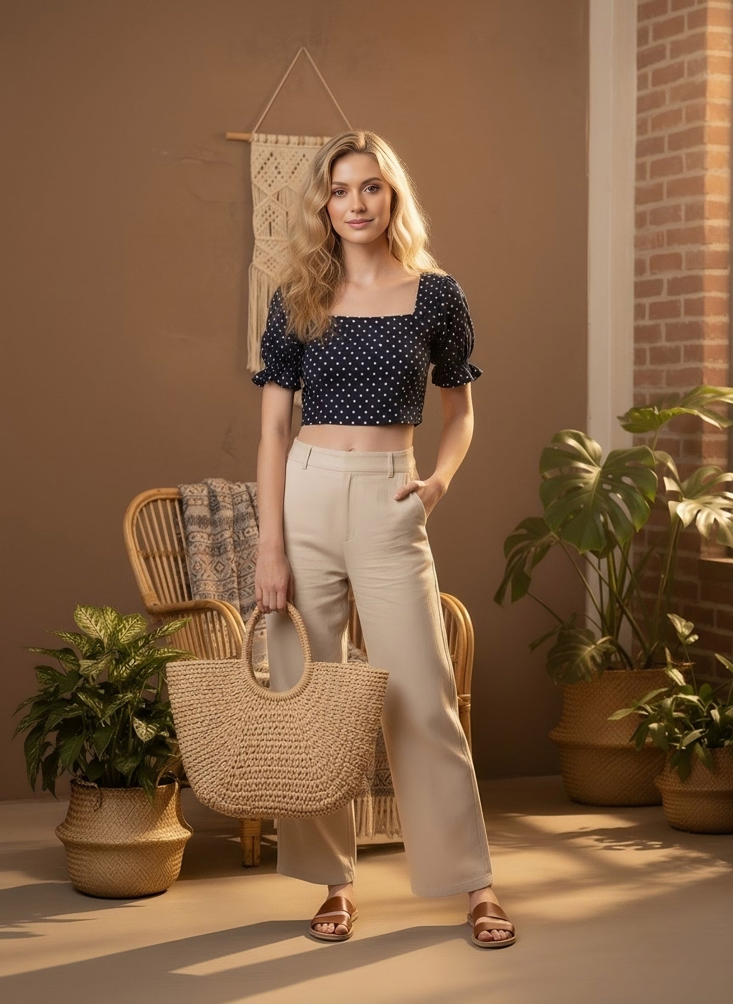 Berrylush Women Navy Blue Polka Dot Printed Crepe Empire Crop Top