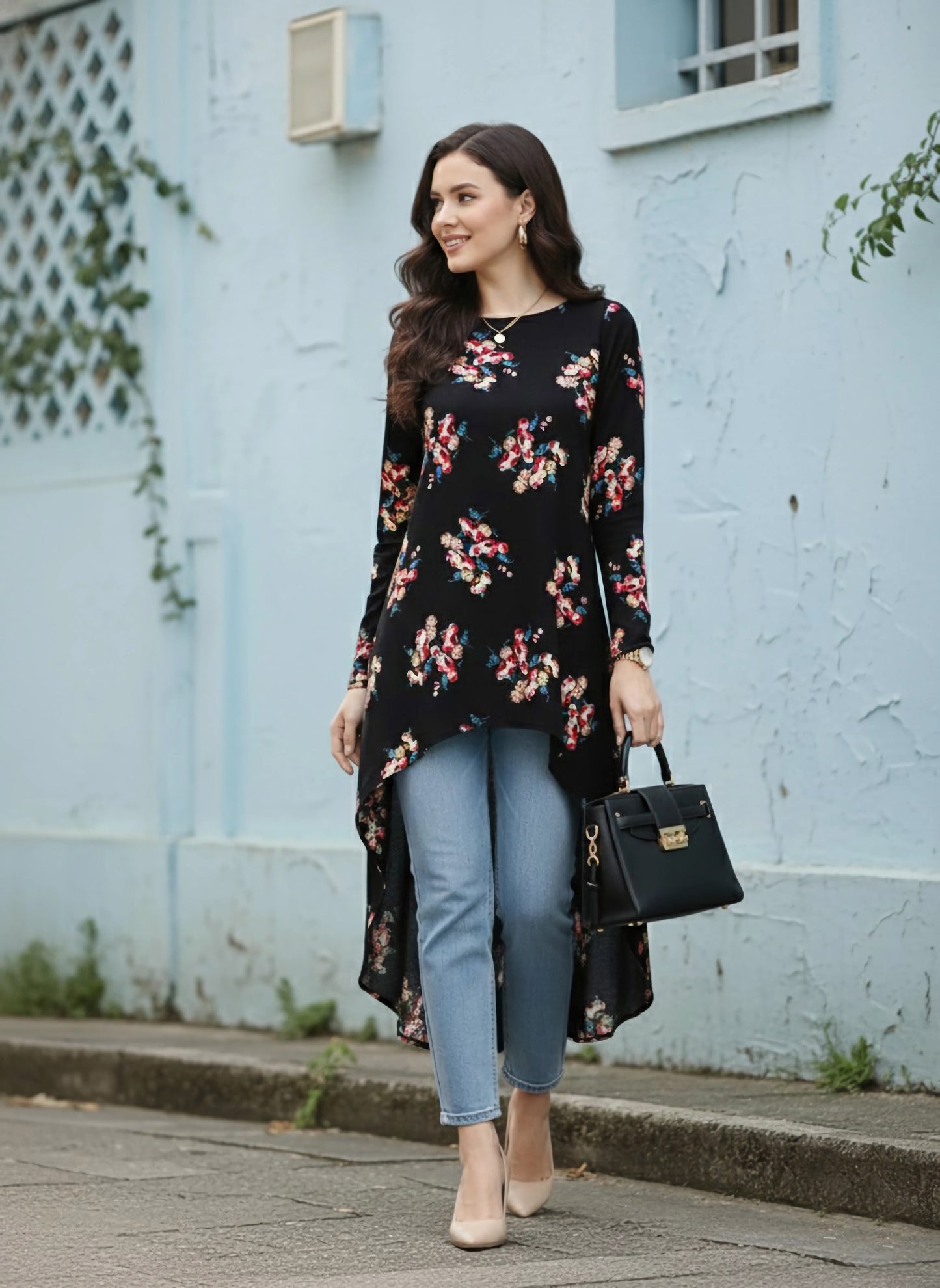 Berrylush Women Black & Pink Floral Printed Boat Neck Longline High-Low Top