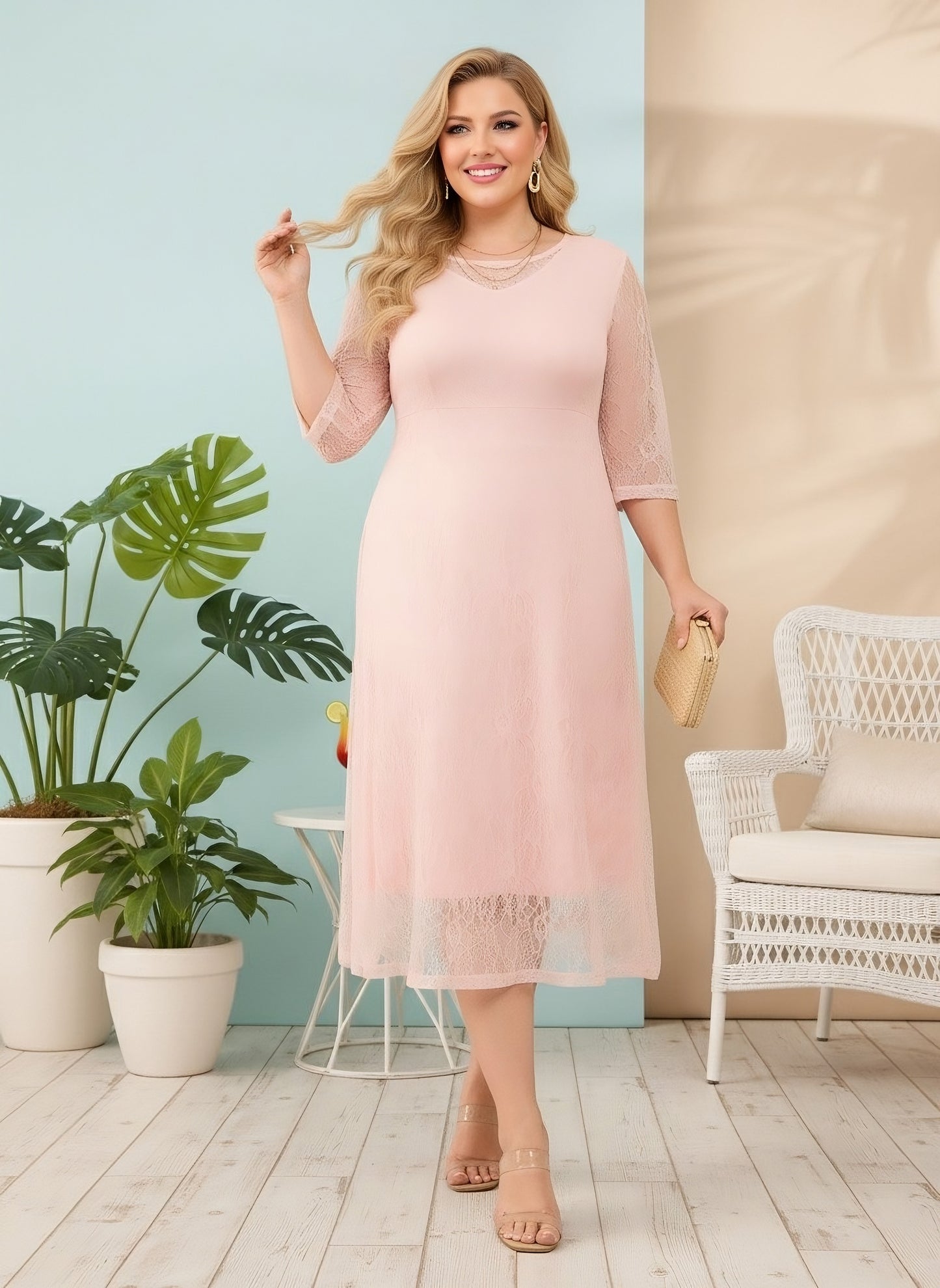 Berrylush Curve Women Solid Pink Round Neck Three-Quarter Sleeves Cotton Allover Lace Flared A-Line Midi Dress
