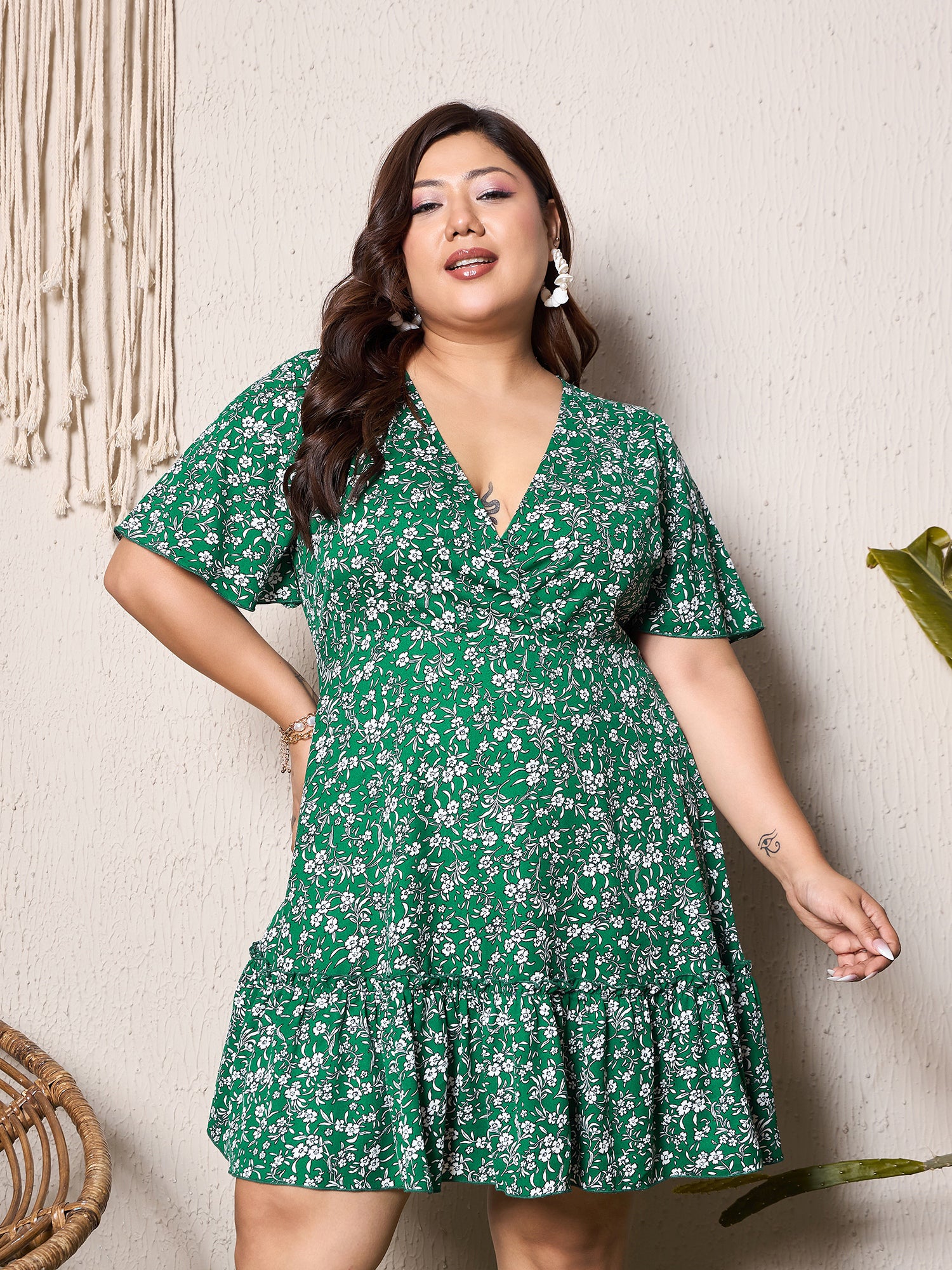 Berrylush Curve Women Green Floral Print V-Neck Fit and Flare Mini Dre