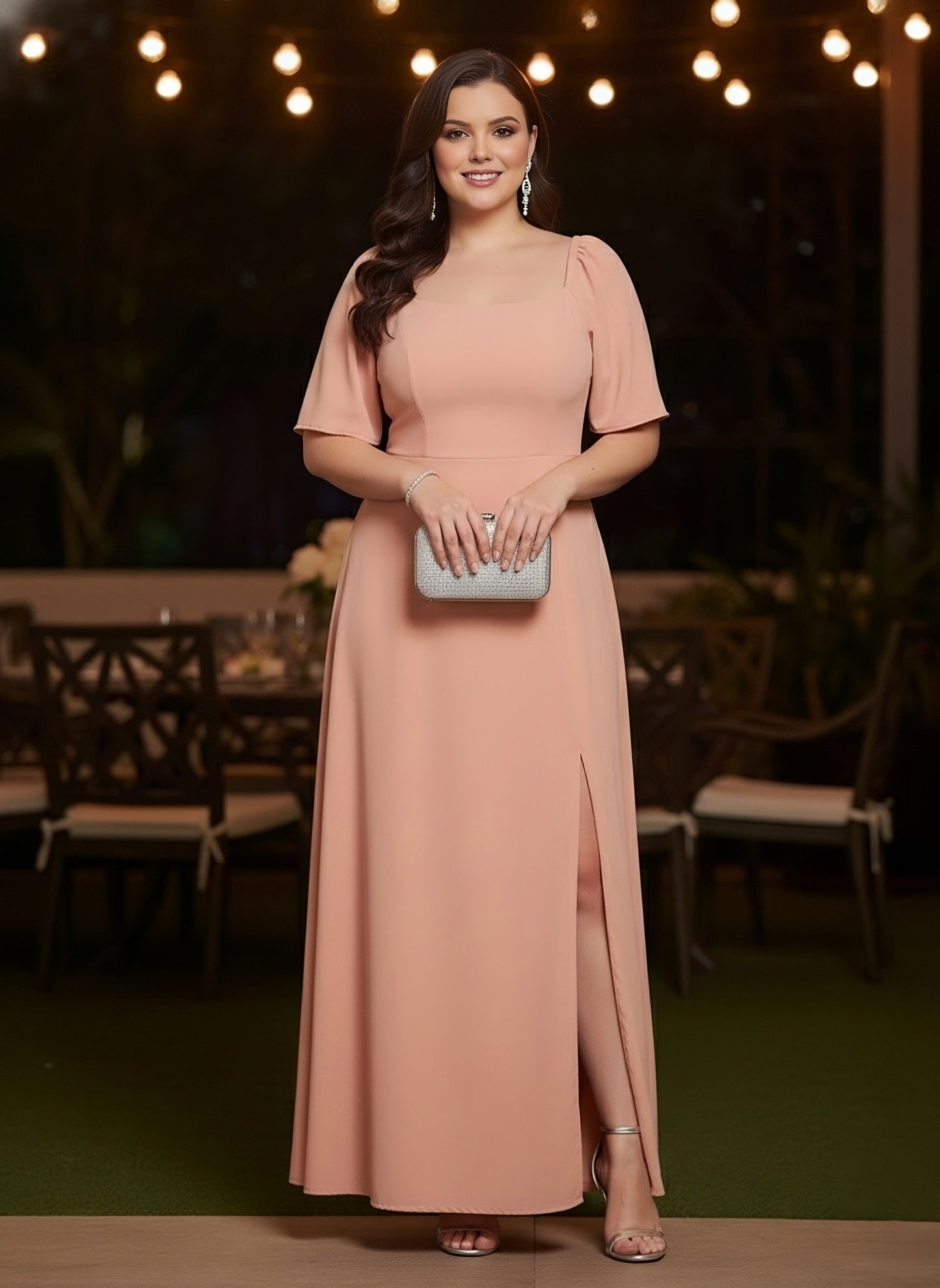 Berrylush Curve Women Solid Pink Square Neck Puff Sleeves Thigh-High Slit Flared Maxi Dress