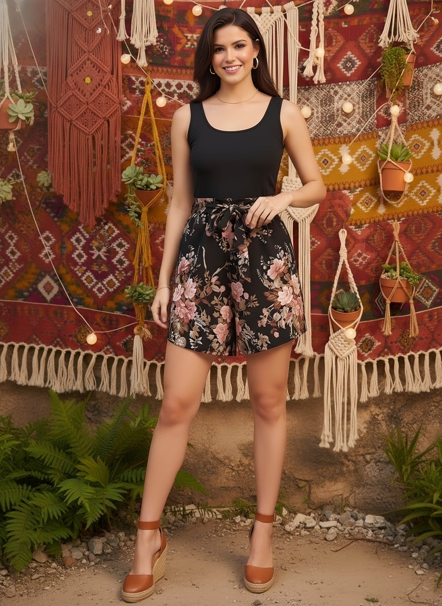 Berrylush Women Black & Pink Floral Printed Square Neck Sleeveless Tie-Up Waist Pleated Mini Jumpsuit