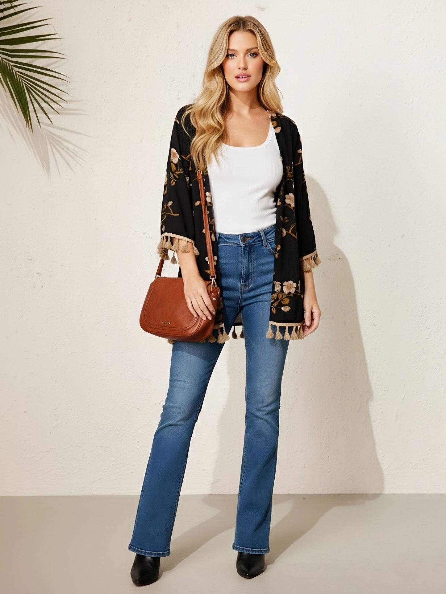 Berrylush Women Black Floral Print Three-Quarter Sleeves Longline Shrug