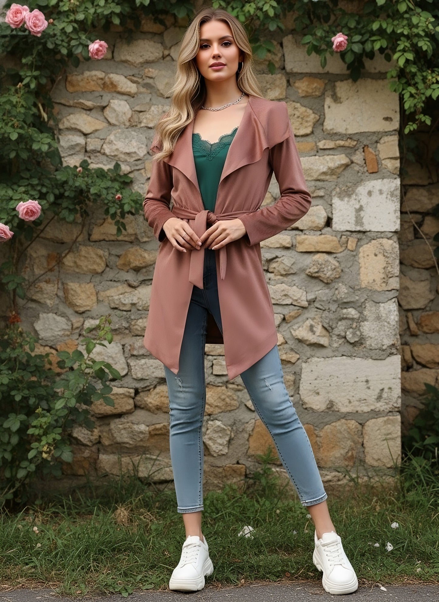 Berrylush Women Solid Brown Shawl Collar Neck Tie-Up Waist Wrap Coat