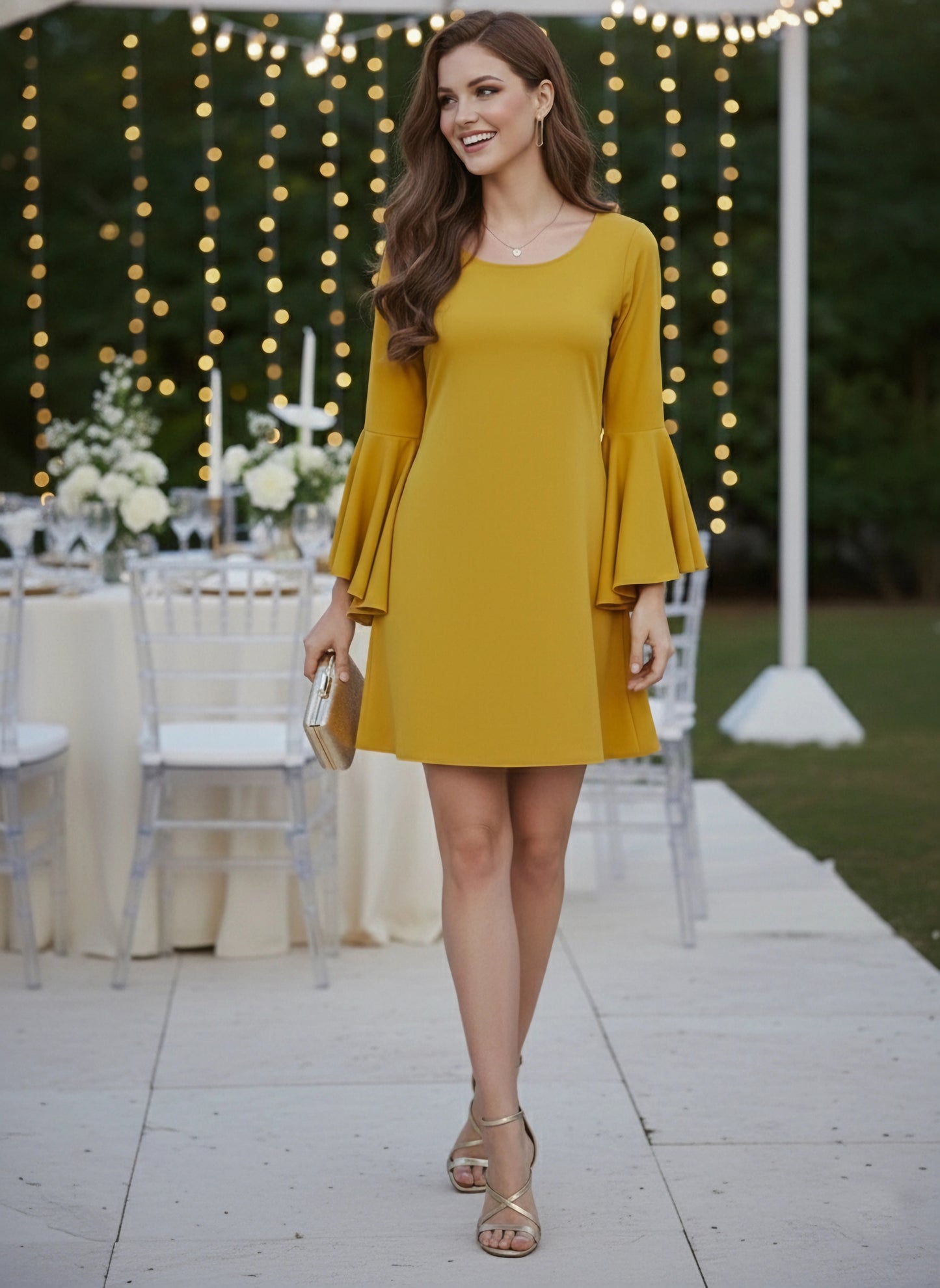Berrylush Women Solid Yellow Round Neck Bell Sleeve A-Line Mini Dress
