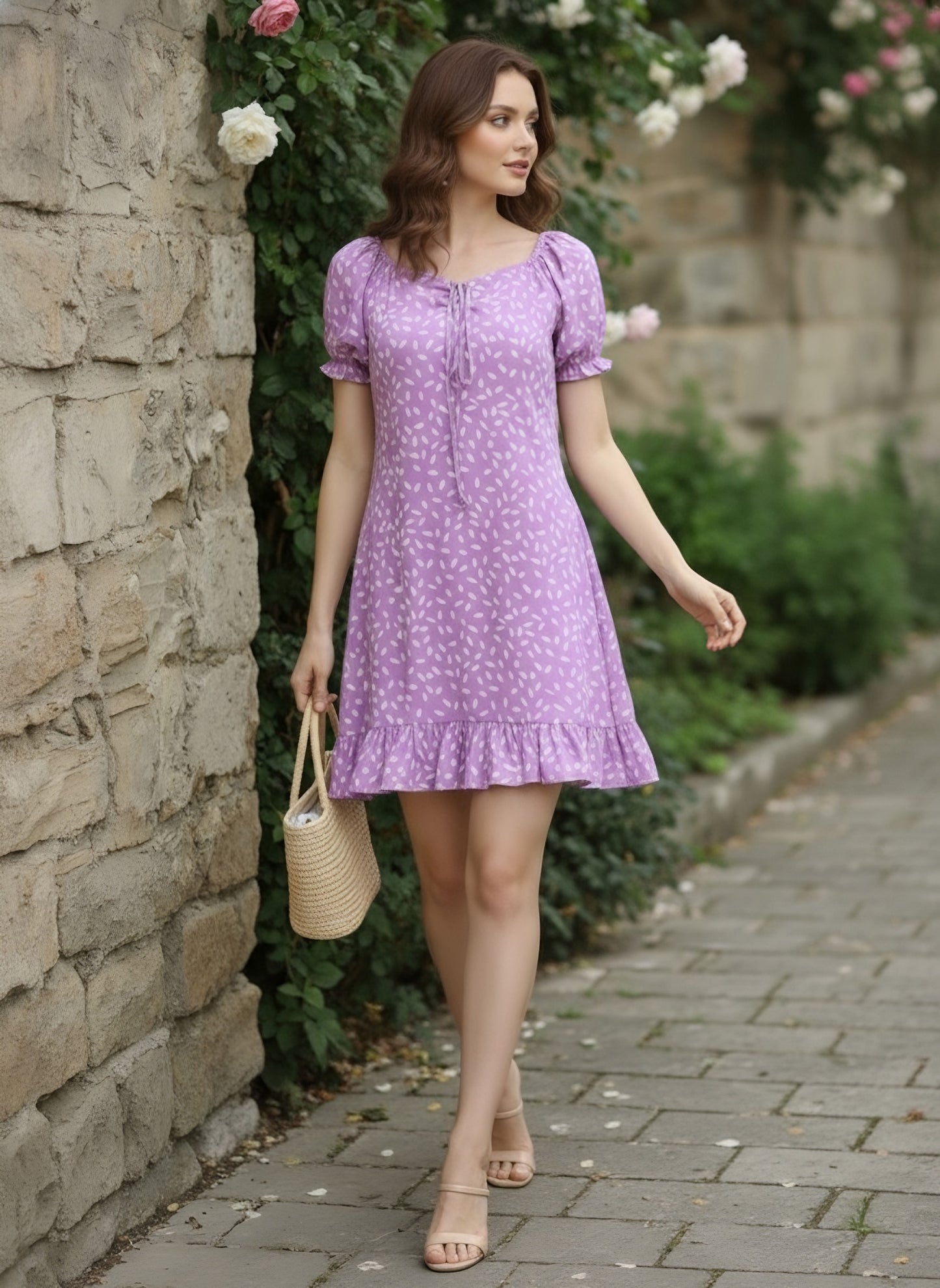 Berrylush Women Purple & White Abstract Printed Tie-Up Neck A-Line Mini Dress