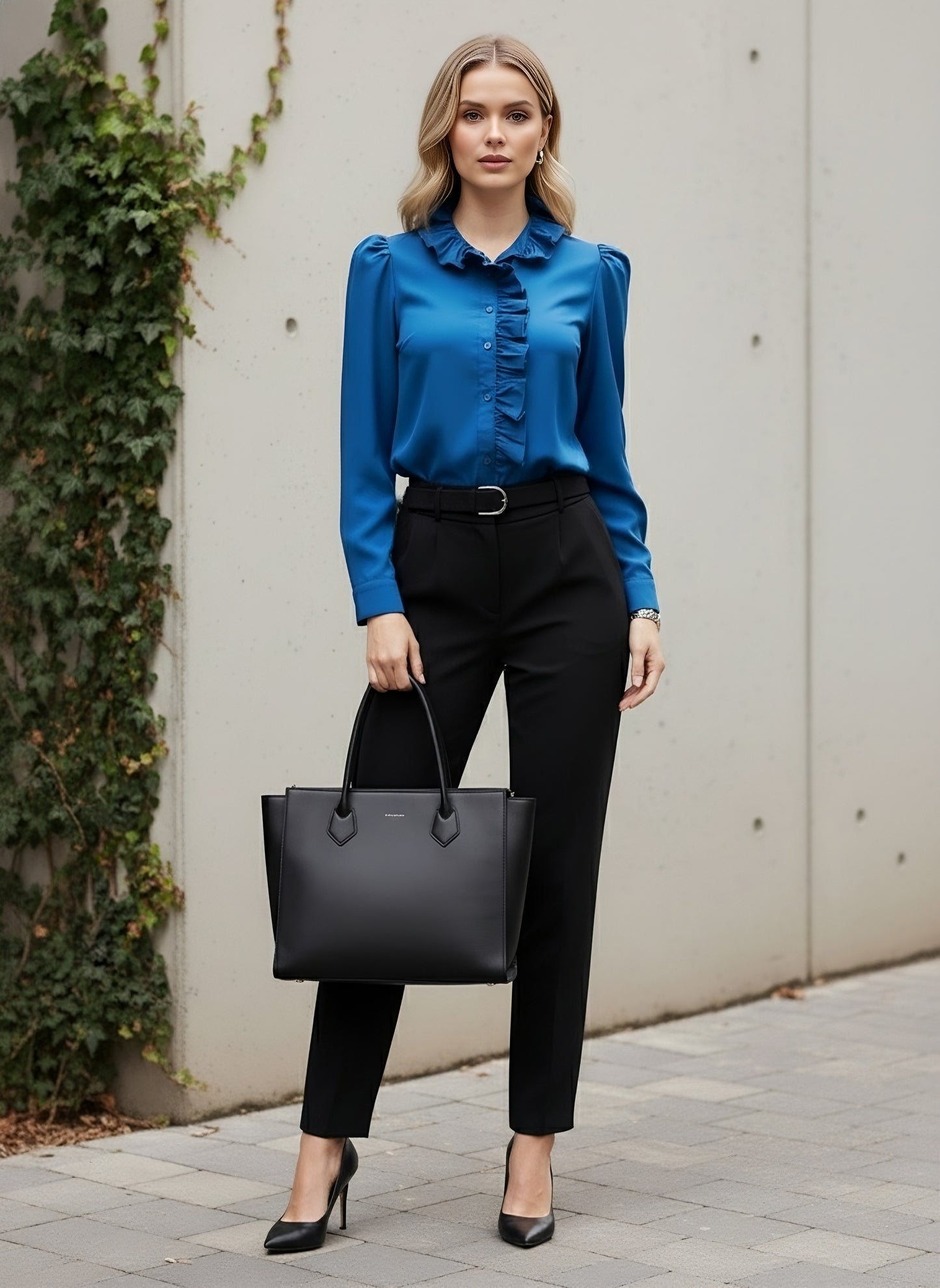 Berrylush BIZwear Women Solid Blue High-Neck Puff Sleeves Front Button Satin Ruffled Regular Top