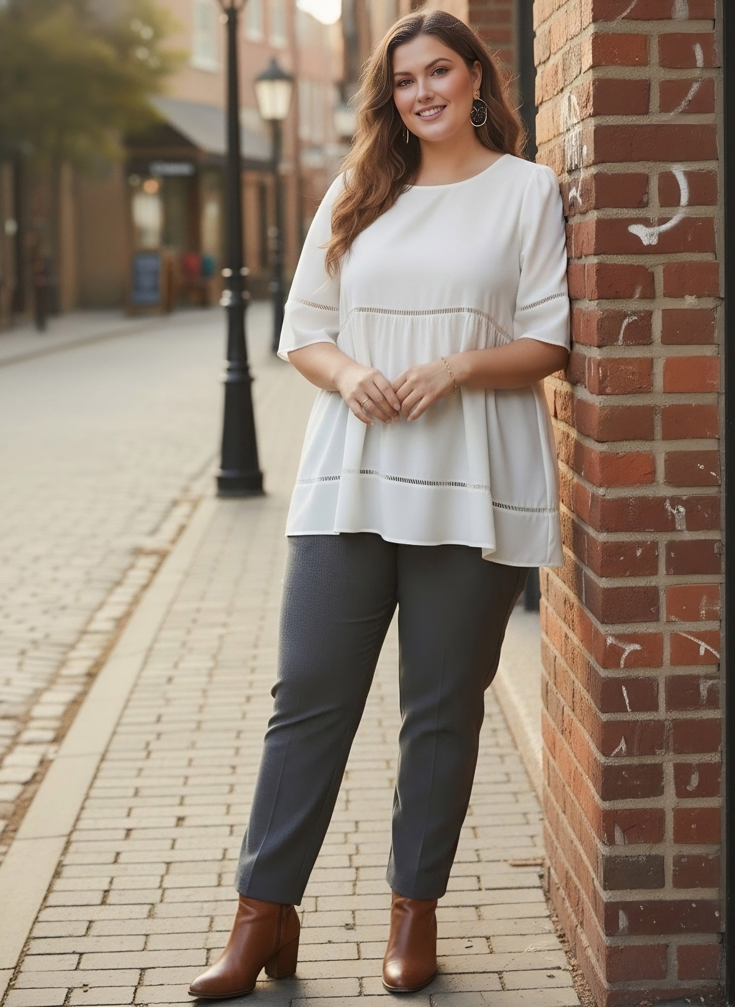 Berrylush Curve Women Solid White Round Neck Puff Sleeves Lace-Up Regular Top