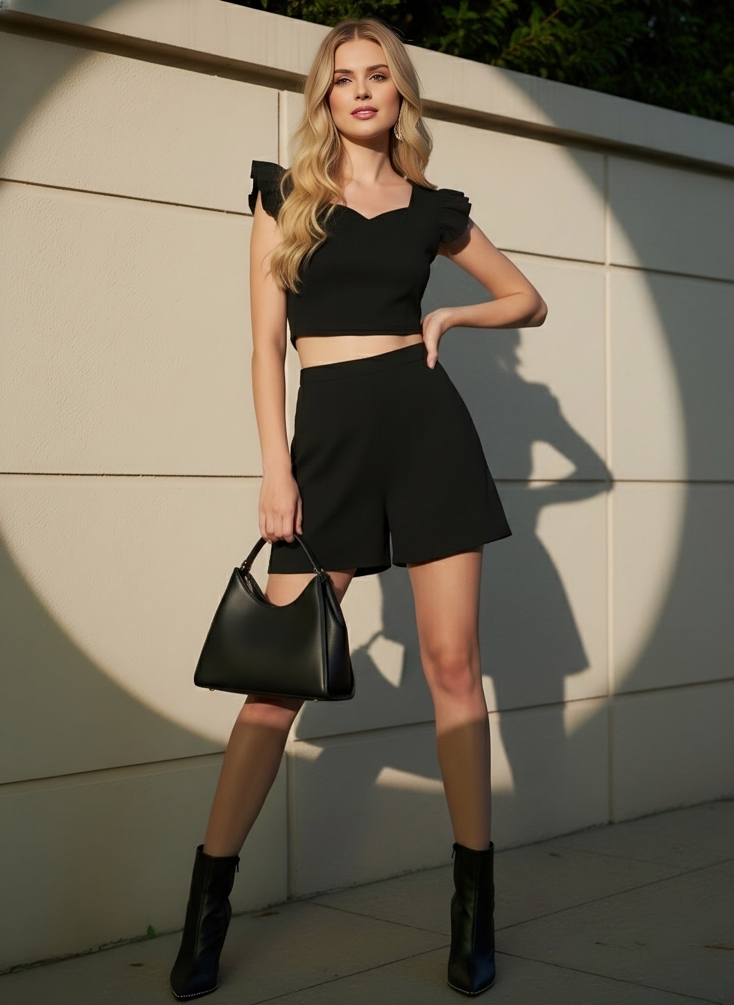 Berrylush Women Solid Black Sweetheart Neck Sleeveless Ruffled Crop Top & High-Rise Mini Shorts Co-Ord Set