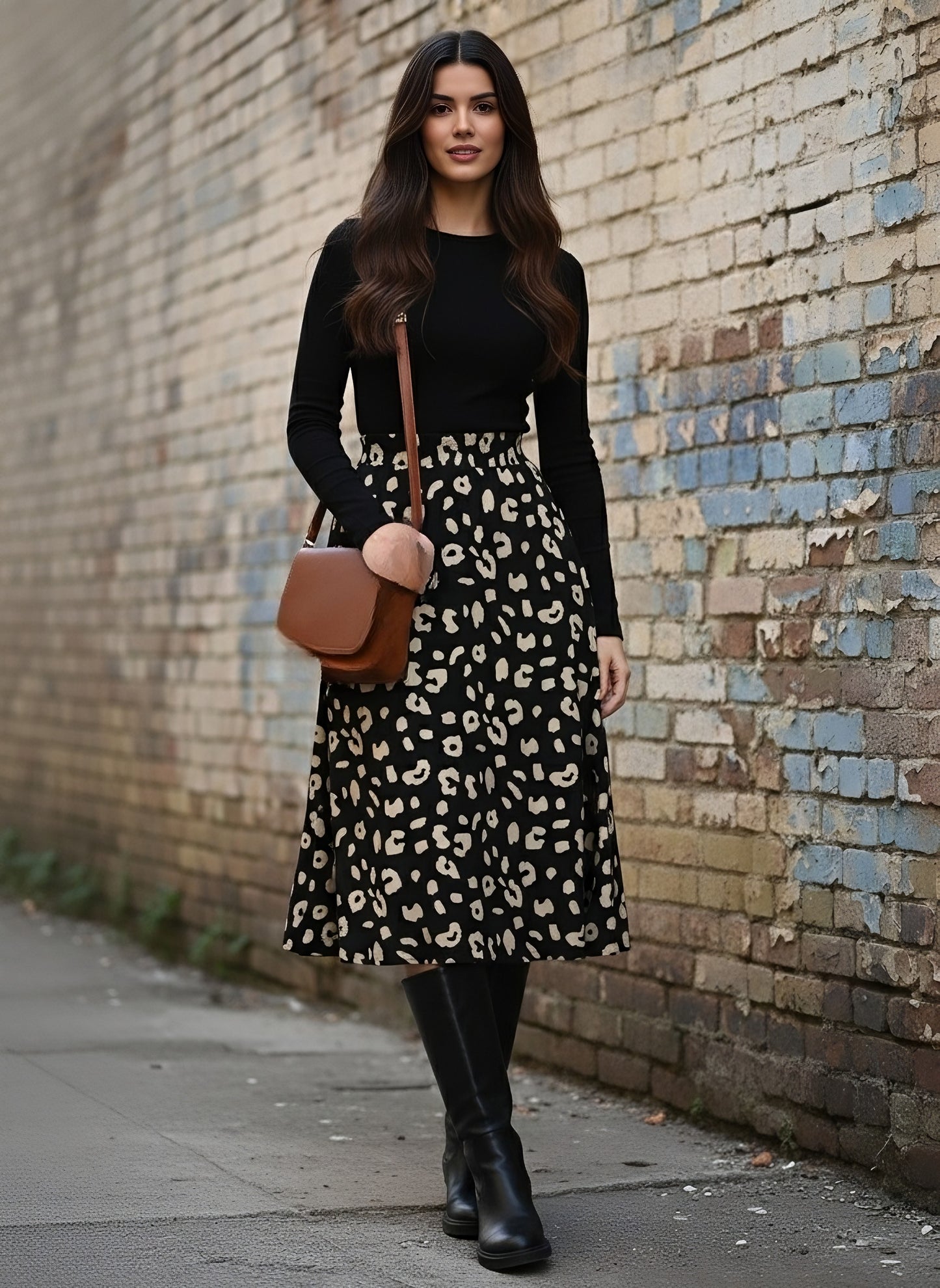 Berrylush Women Black & Cream Animal Printed Crepe Flared A-Line Midi Skirt