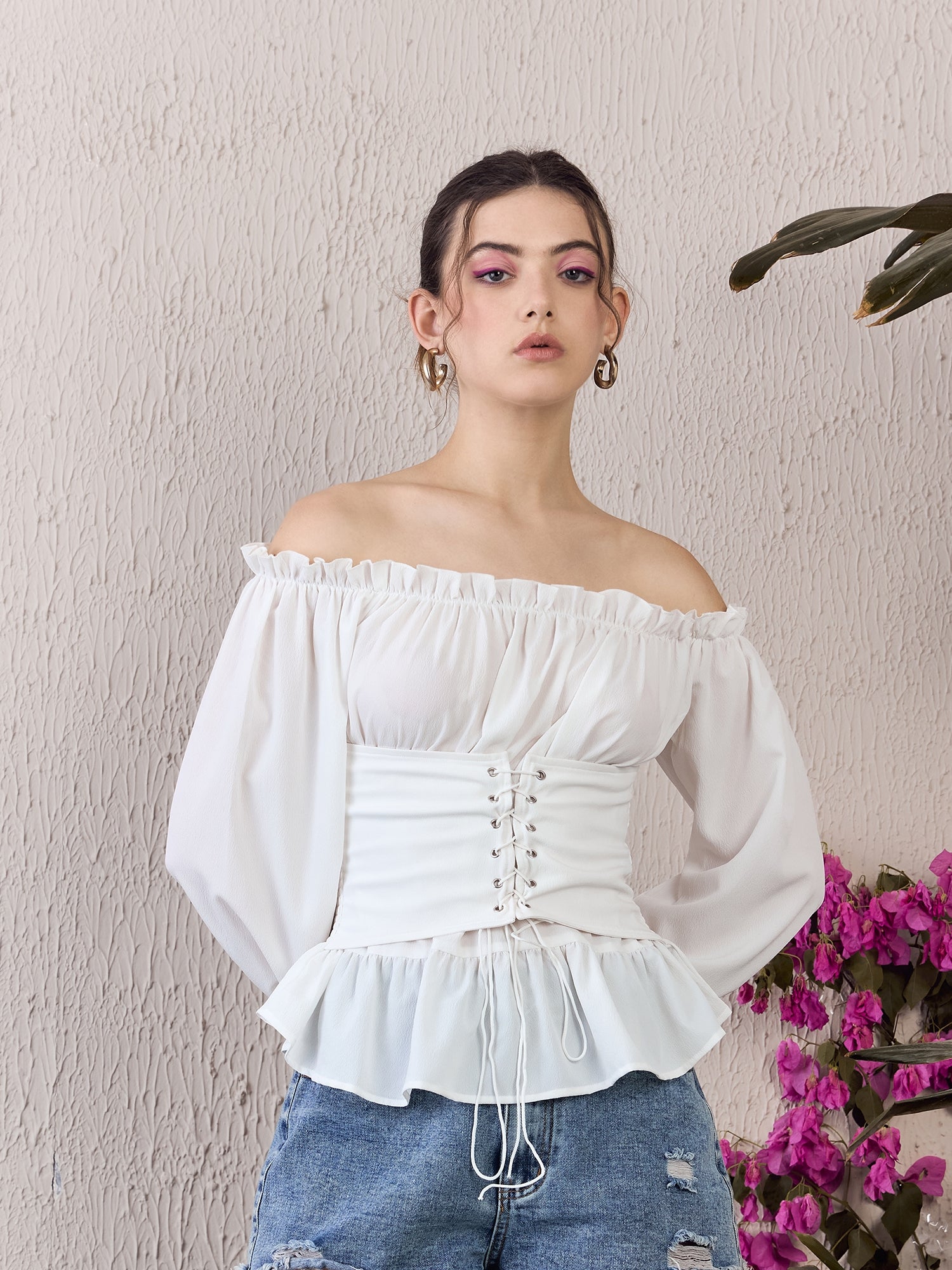 Ruffle Types Of Cold Shoulder Tops Women Solid White Off-Shoulder
