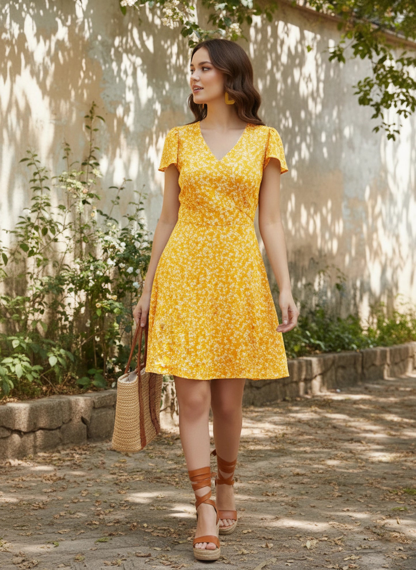 Berrylush Women Yellow Floral Printed A-Line Wrap Mini Dress