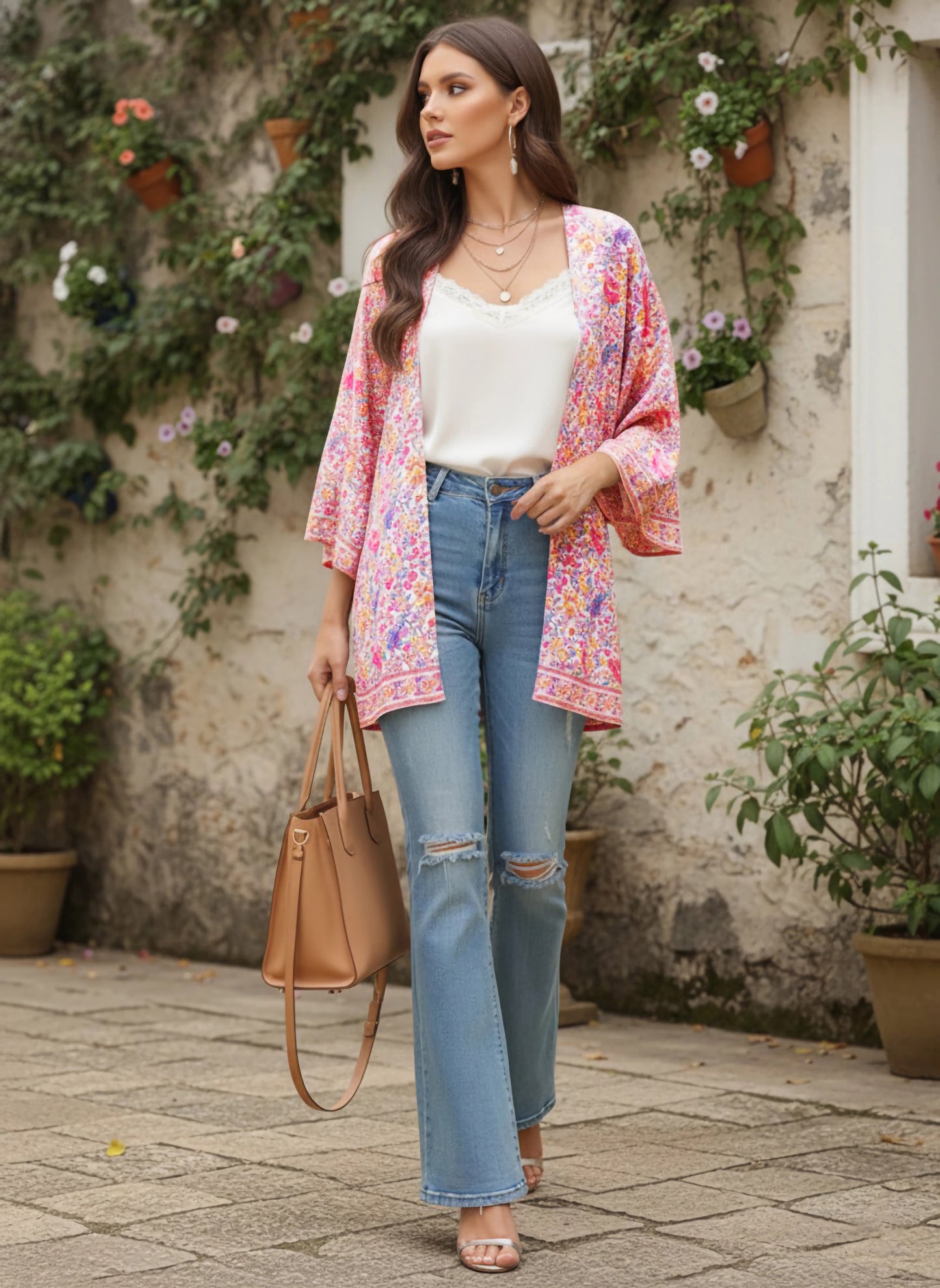 Berrylush Women Pink & White Floral Printed Open-Front Straight Hem Regular Shrug