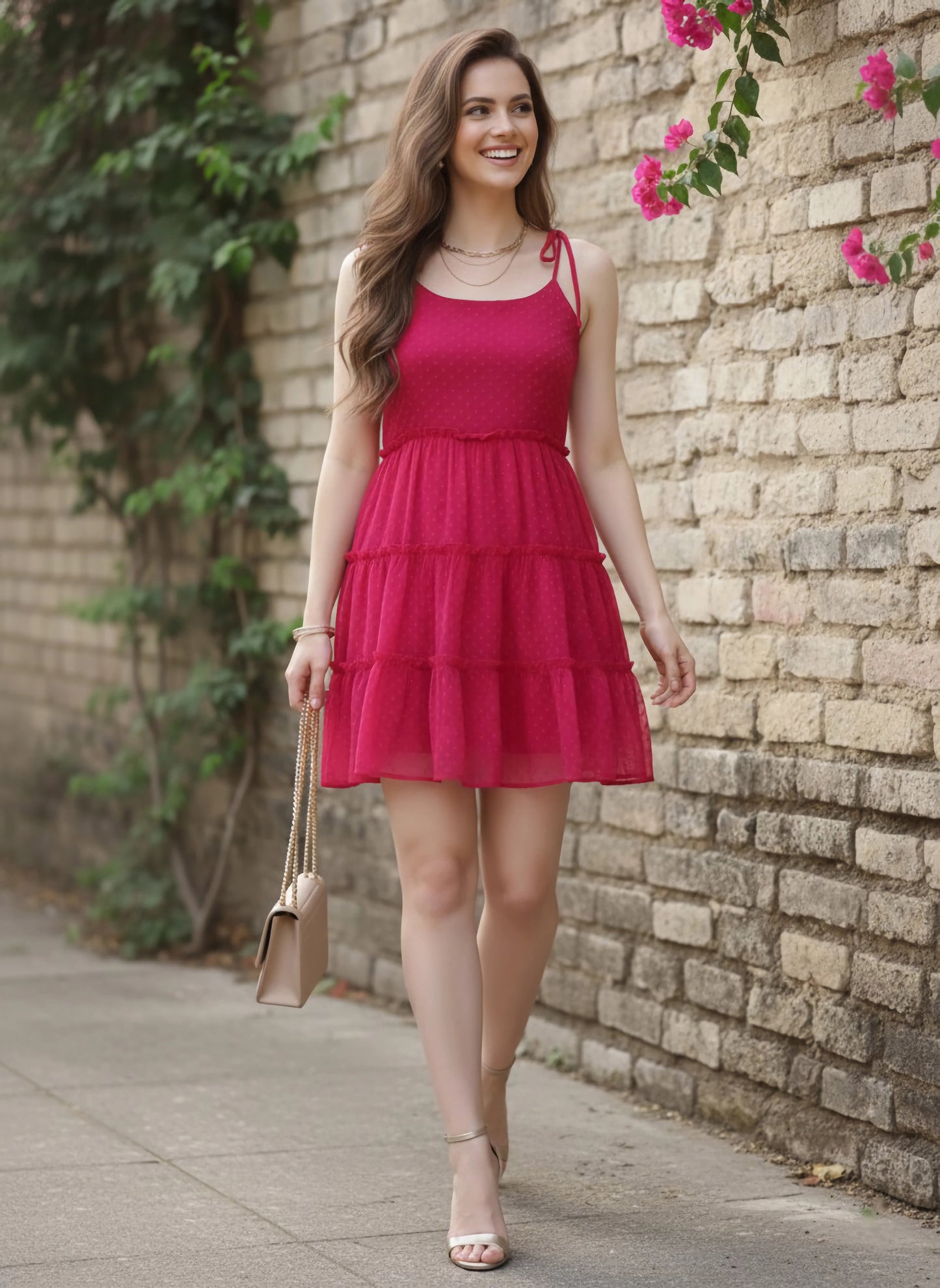 Berrylush Women Solid Pink Dobby Weave Round Neck Tie-Up Strap Georgette Pleated Fit & Flare Mini Dress