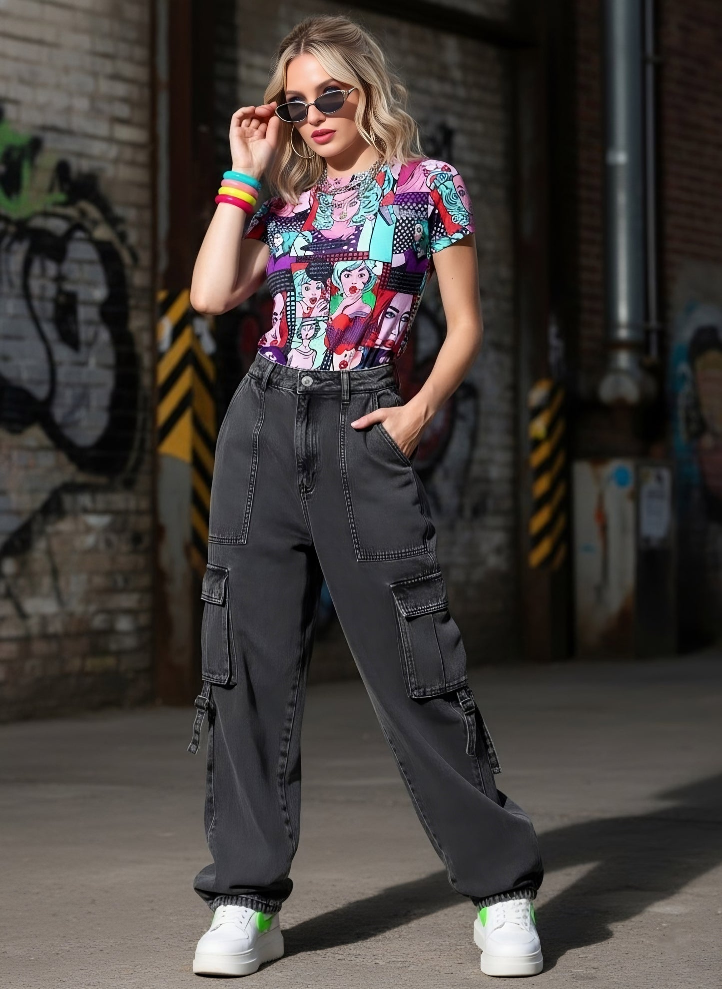 Berrylush Women Multicolour Graphic Printed High Neck Knitted Regular T-Shirt