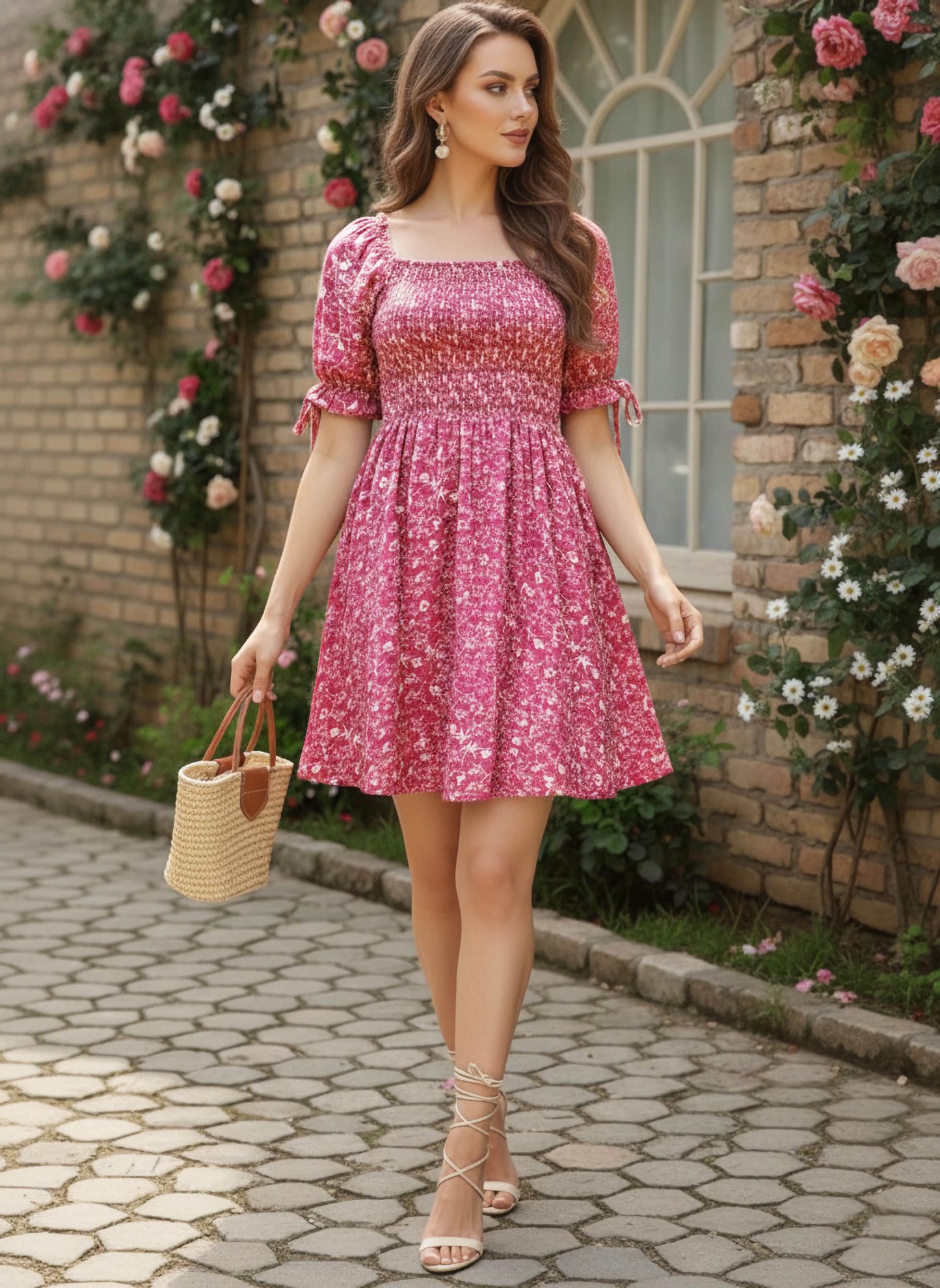 Berrylush Women Pink & White Floral Printed Square Neck Smocked Back Crepe A-Line Mini Dress