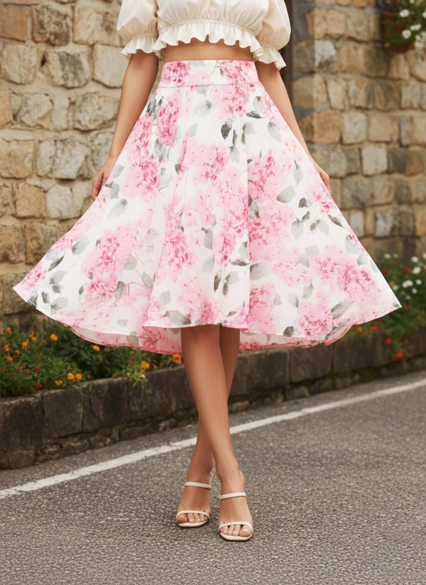 Berrylush Women White & Pink Floral Printed High-Rise Waist Georgette Back Zipper-Up Pleated A-Line Midi Skirt