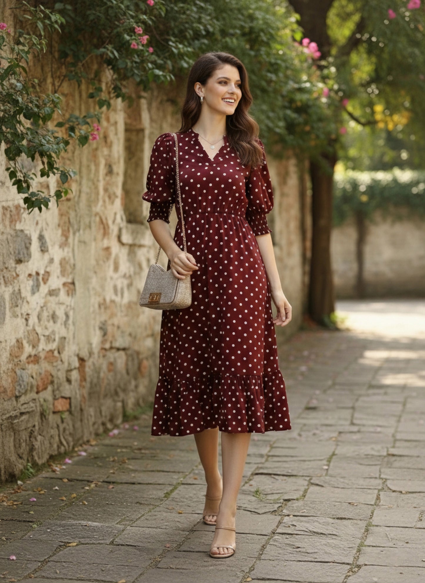 Berrylush Women Red & White Smocked Waist Ruffle A-Line Midi Dress