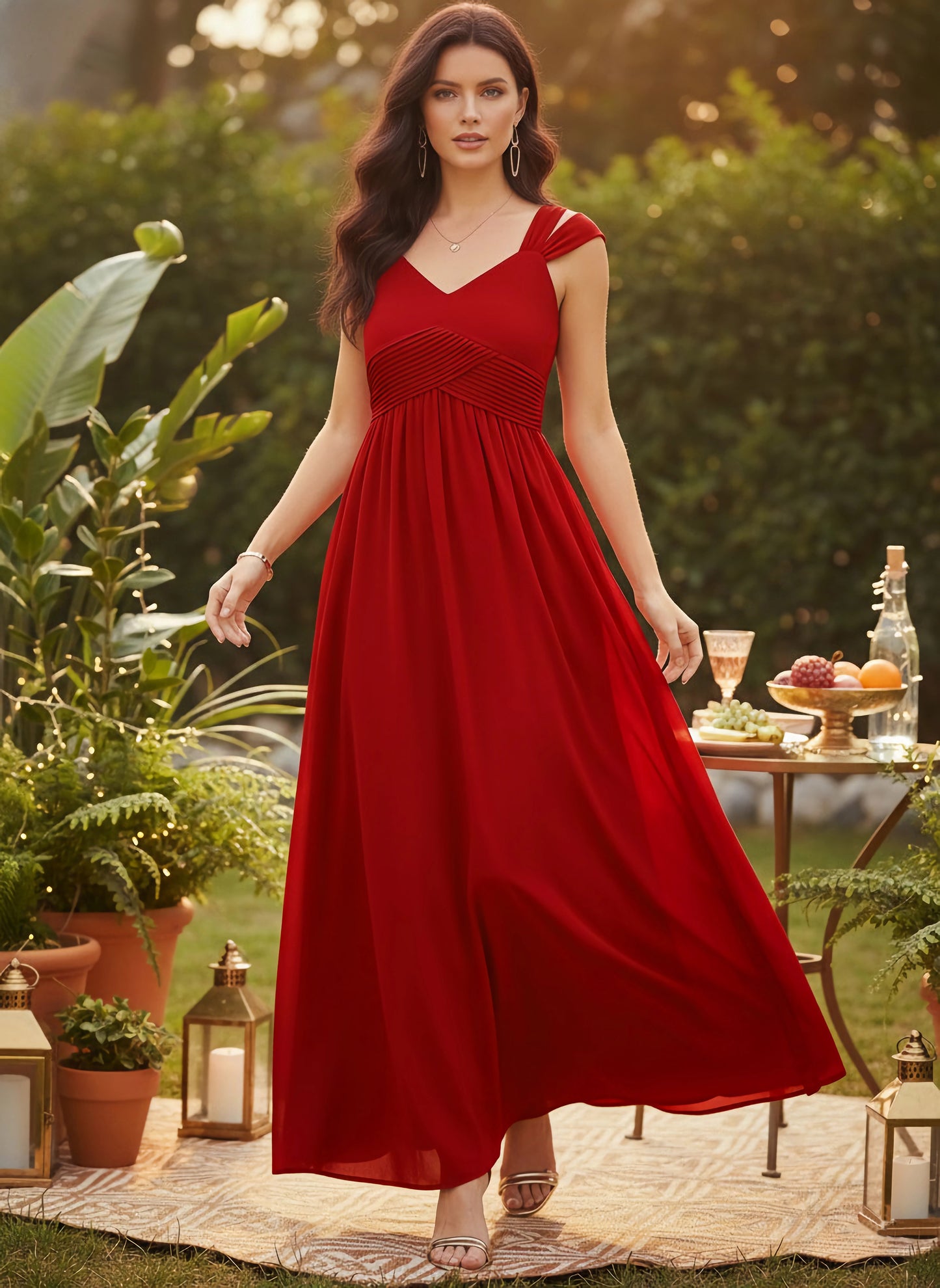 Berrylush Women Solid Red Sweetheart Neck Sleeveless Cold-Shoulder Pleated Maxi Dress