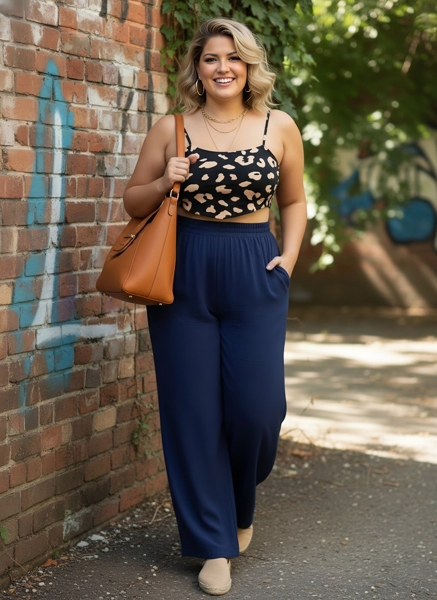 Plus Size Black & Beige Animal Printed Square Neck Sleeveless Crepe Cropped Tank Top