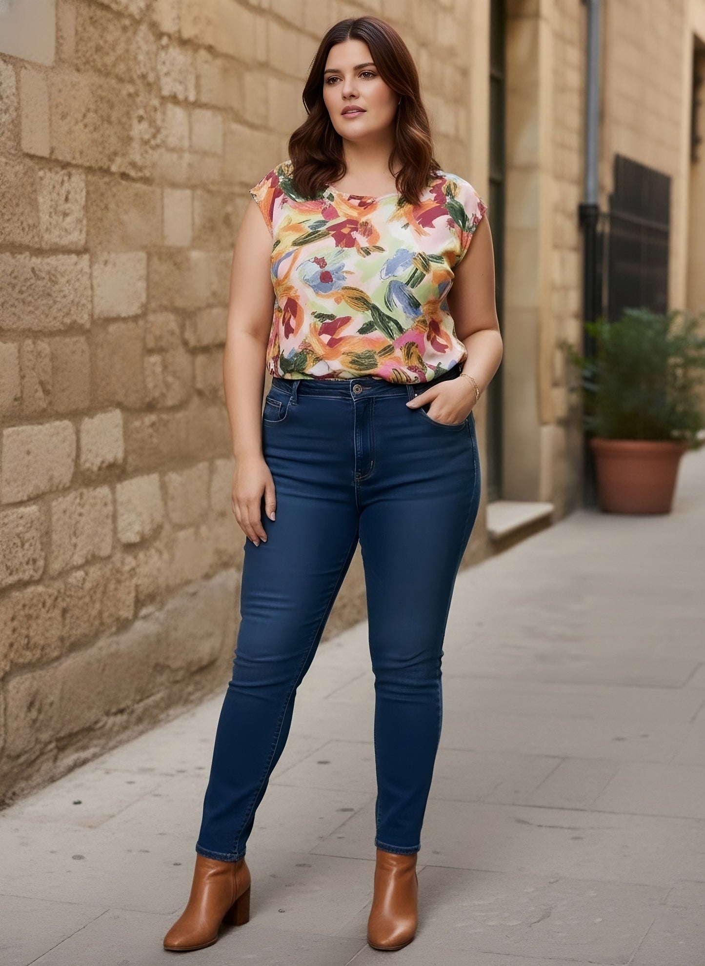 Berrylush Curve Women Pink & Multicolour Abstract Printed Mandarin Collar Neck Short Sleeves Regular Top