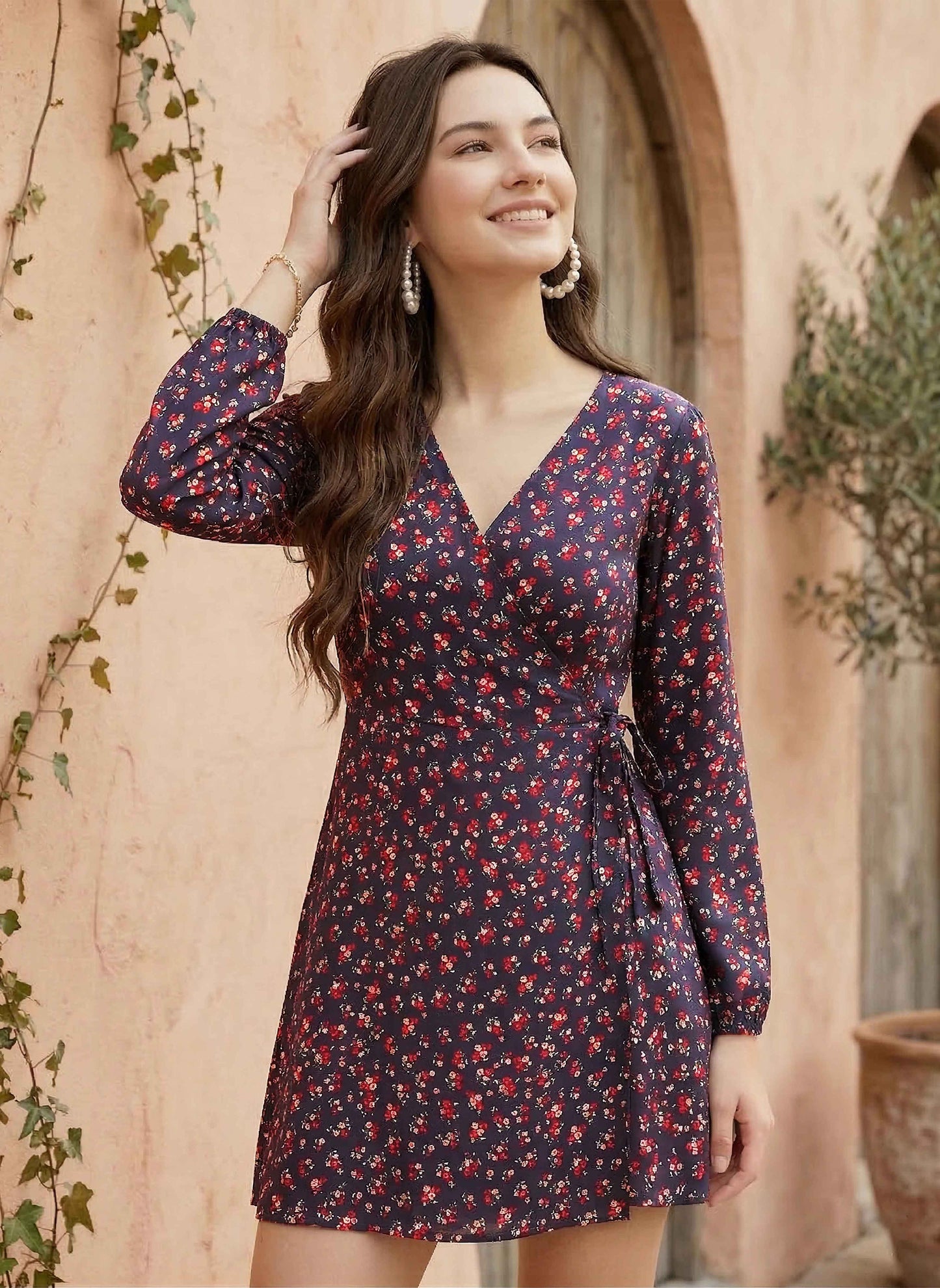 Berrylush Women Navy Blue Floral Printed Fit & Flare Wrap Mini Dress