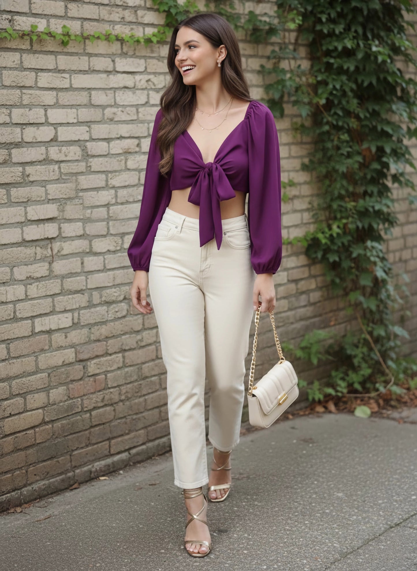 Berrylush Women Solid Purple V-Neck Front Tie-Up Cropped Top