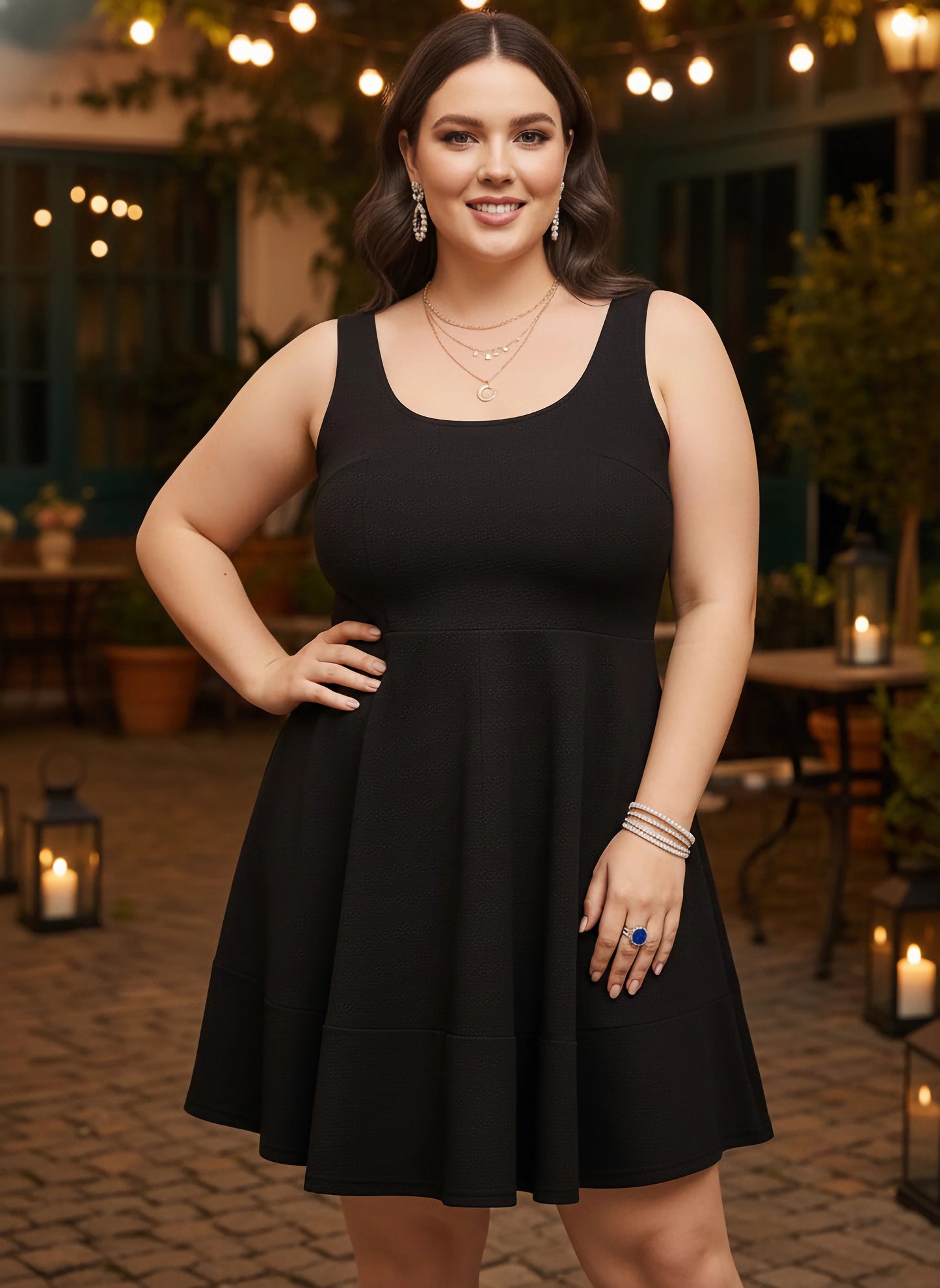Curve Solid Black Scoop Neck Sleeveless Scoop Back Knitted Fit & Flare Mini Dress