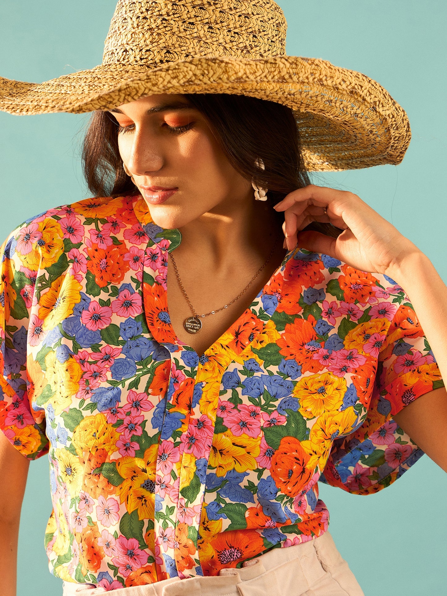 Berrylush Women Multicolour Floral Printed Notched Neck Batwing Sleeves Slip-On Regular Blouse