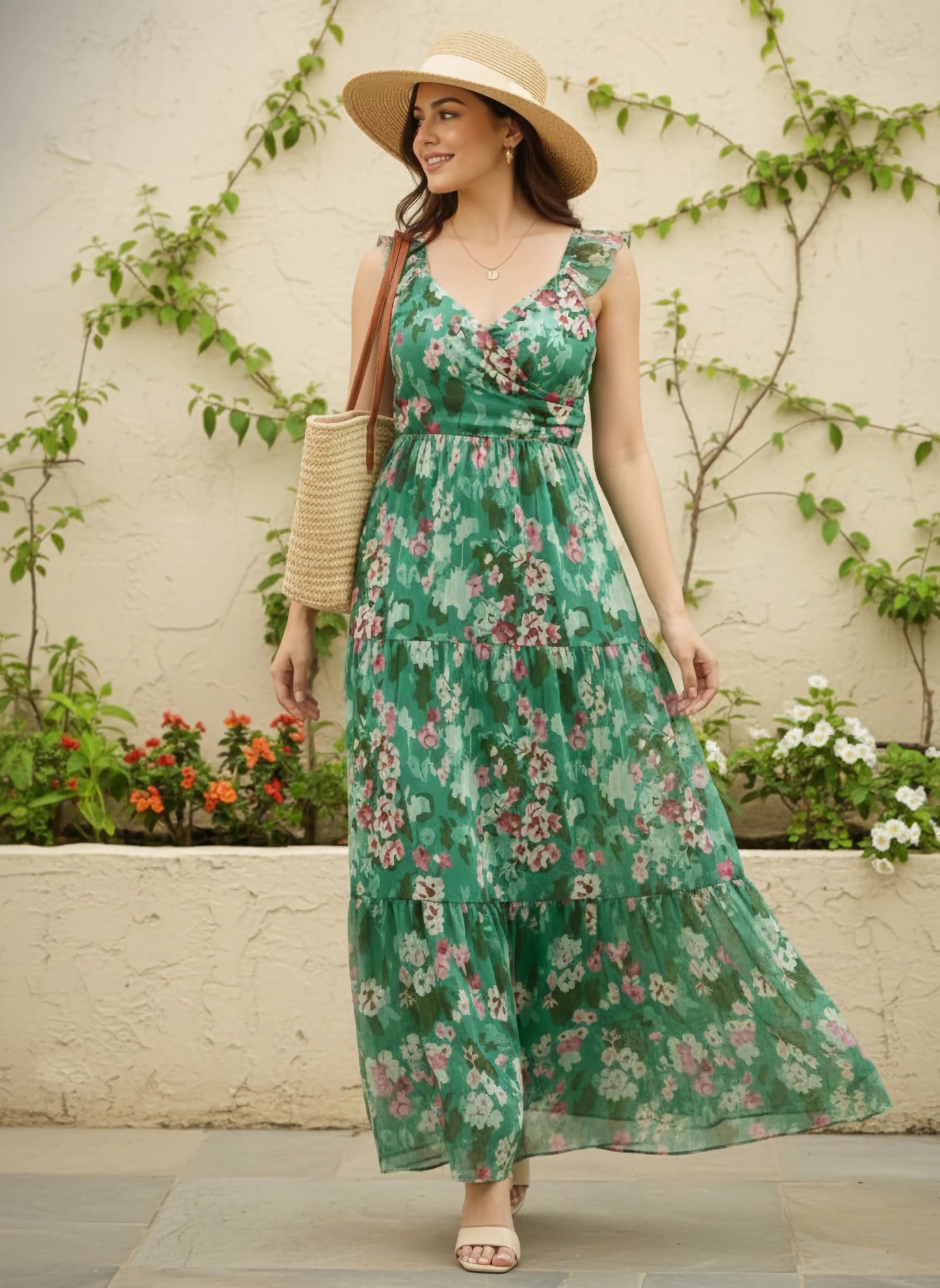 Green & Pink Floral Printed Sweetheart Neck Sleeveless Back Cutout Straight Hem Pleated Maxi Dress