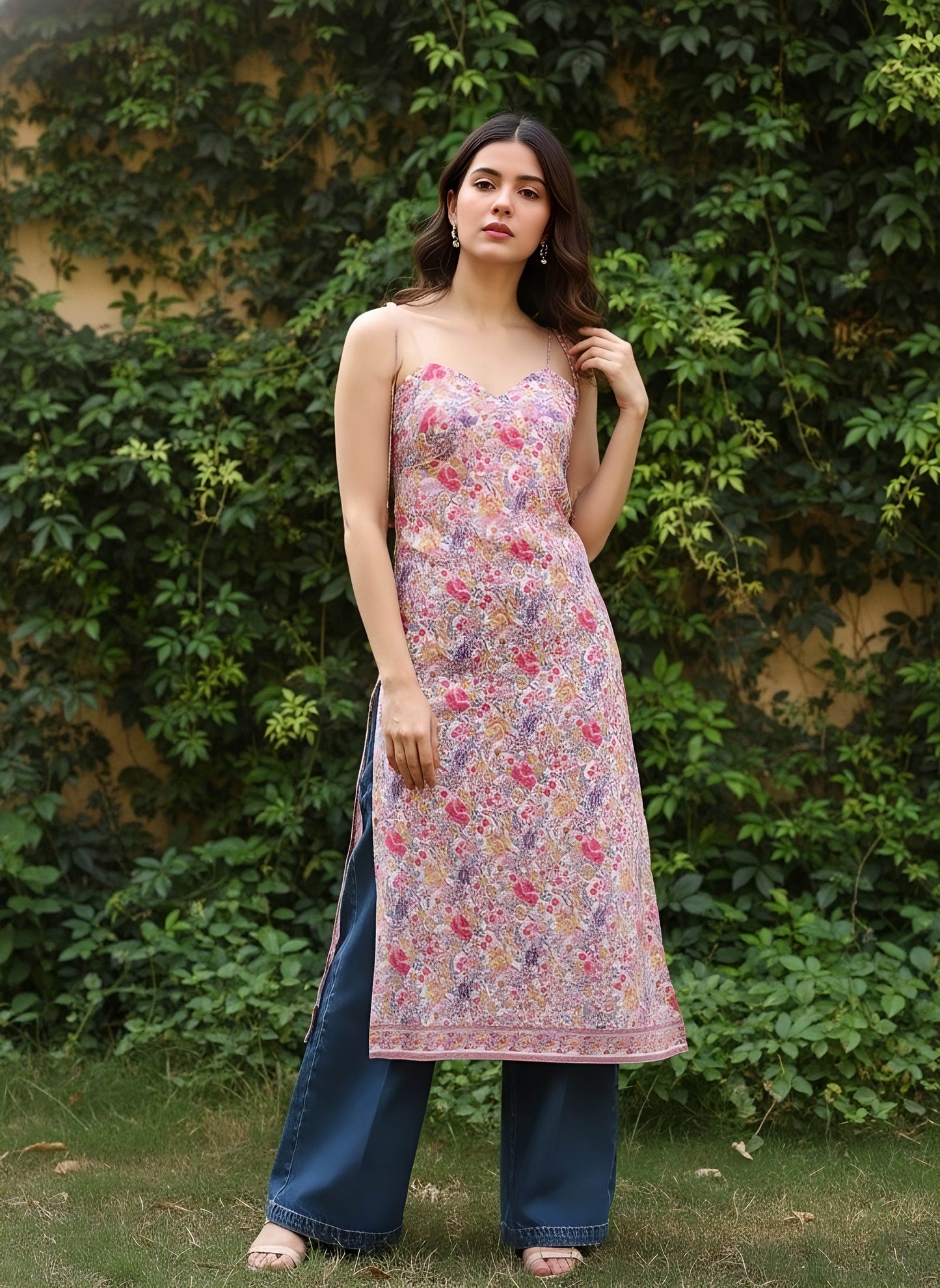 Berrylush Women Pink & Purple Floral Printed Sweetheart Neck Tie-Up Strap Straight Midi Kurta