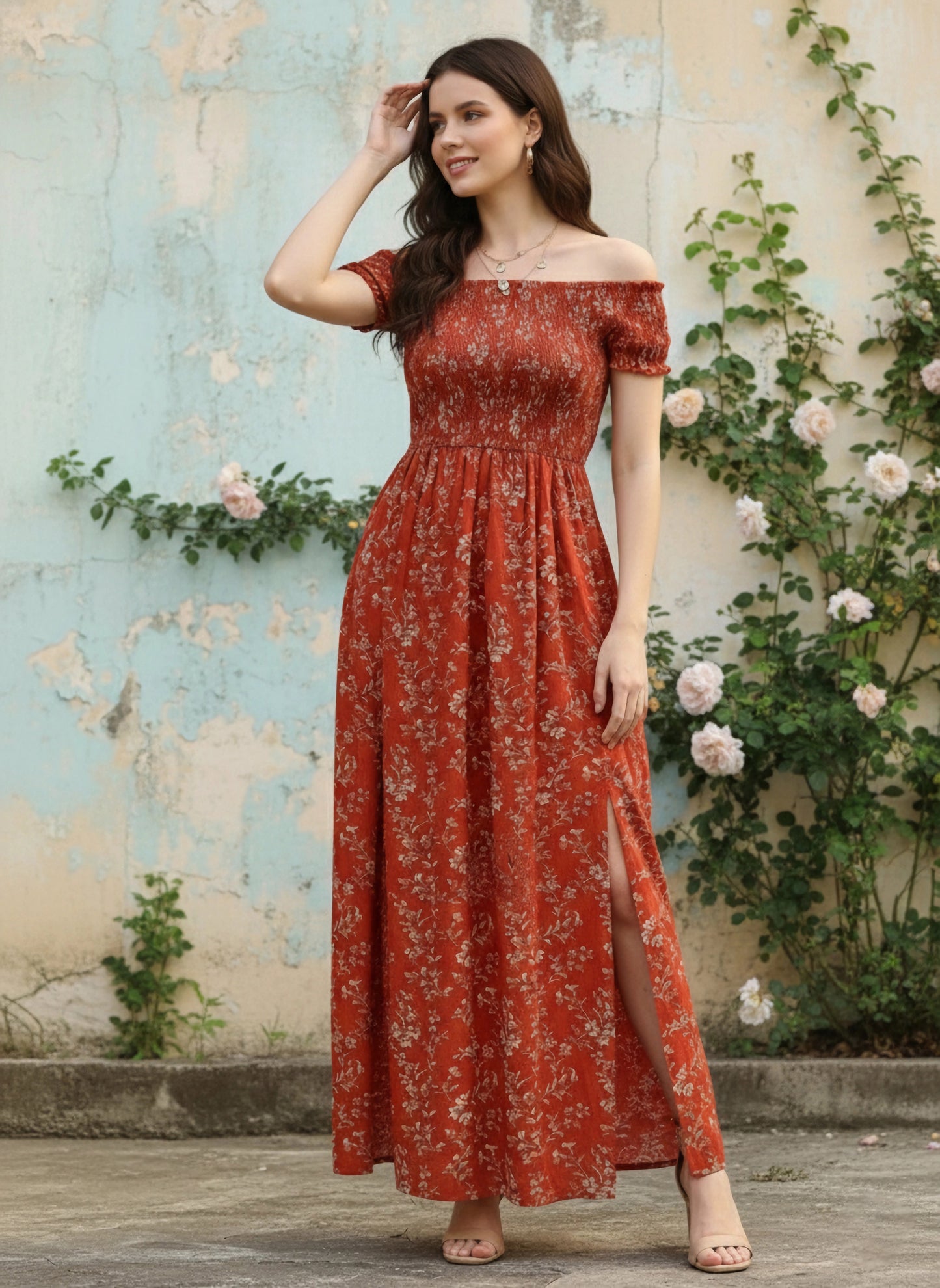 Berrylush Women Red & White Floral Printed Off-Shoulder Neck Thigh-High Slit Crepe Smocked Maxi Dress