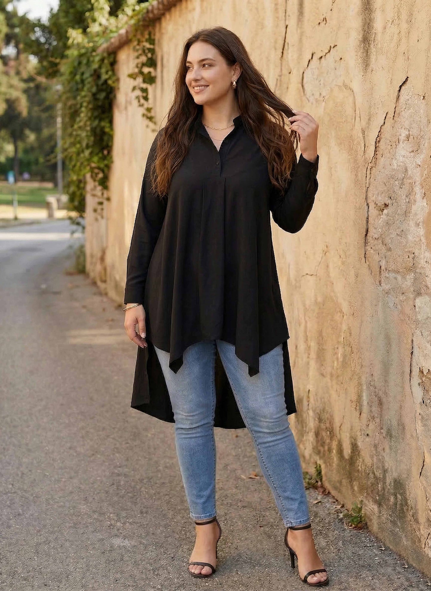 Plus Size Solid Black Mandarin Collar Neck Flutter Sleeve Crepe Button-Up High-Low Hem Longline Top