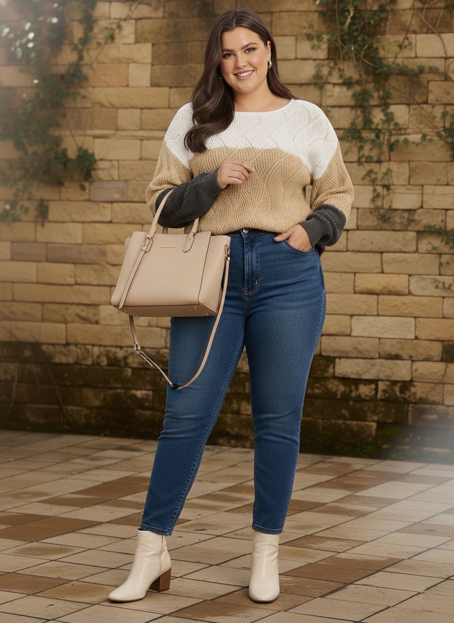 Berrylush Curve Women White, Beige, & Black Colourblocked Pattern Boat Neck Drop-Shoulder Sleeves Ribbed Hem Regular Sweater