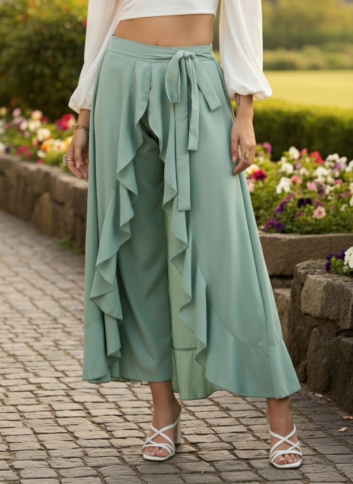 Berrylush Women Solid Light Green Waist Tie-Up Ruffled Maxi Skirt With Attached Trousers
