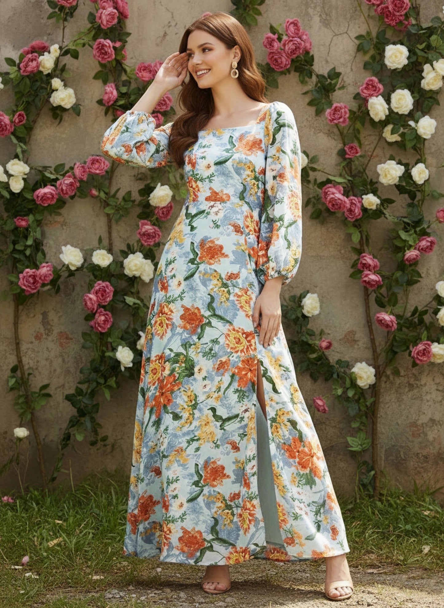 Berrylush Women Blue Floral Printed Square Neck Maxi Dress