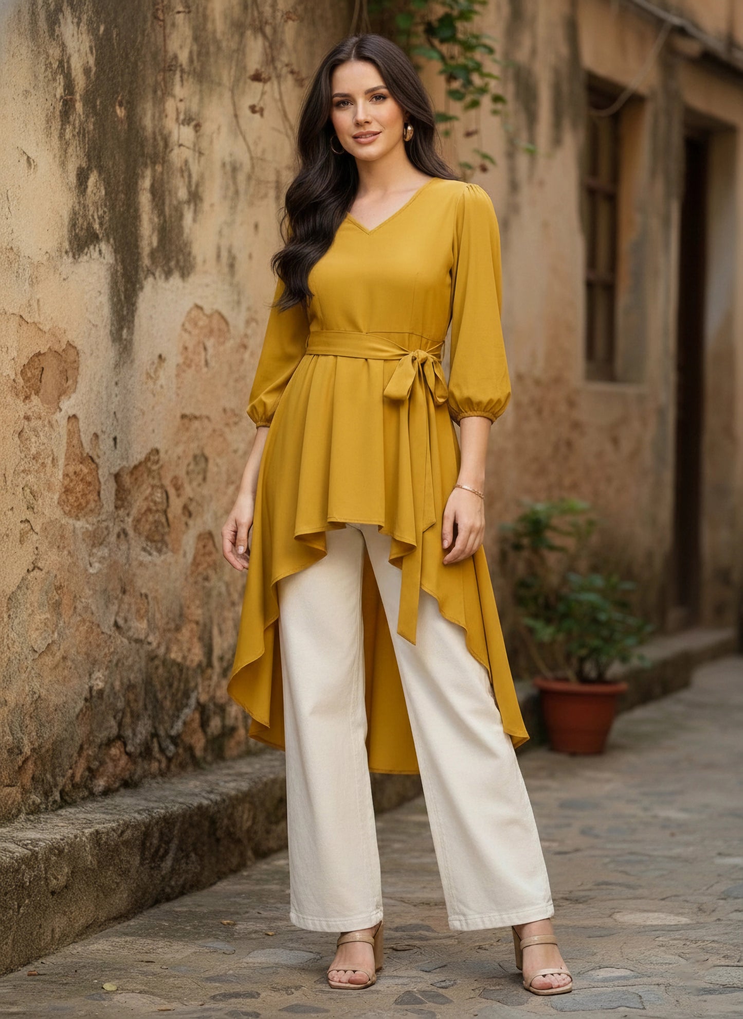 Solid Yellow V-Neck Bishop Sleeves Tie-Up Waist High-Low Hem Pleated Longline Top