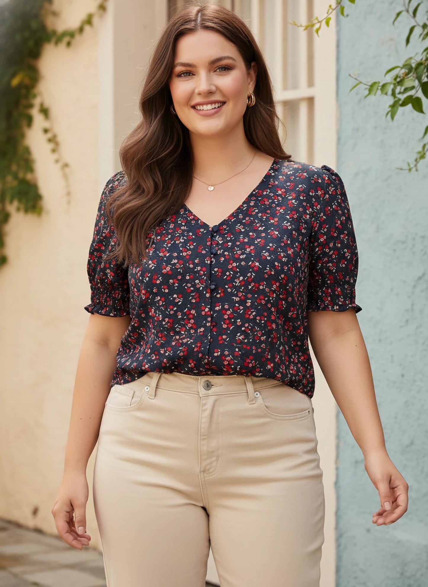 Plus Size Navy Blue & Red Floral Printed V-Neck Puff Sleeves Button-Up Crepe Smocked Regular Top