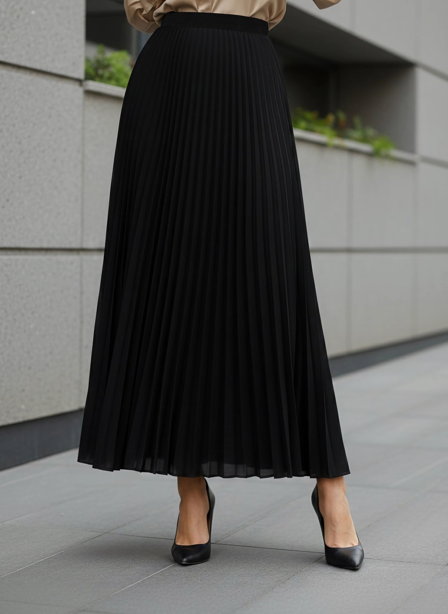 Berrylush BIZwear Women Solid Black High-Rise Waist Slip-On Pleated A-Line Maxi Skirt