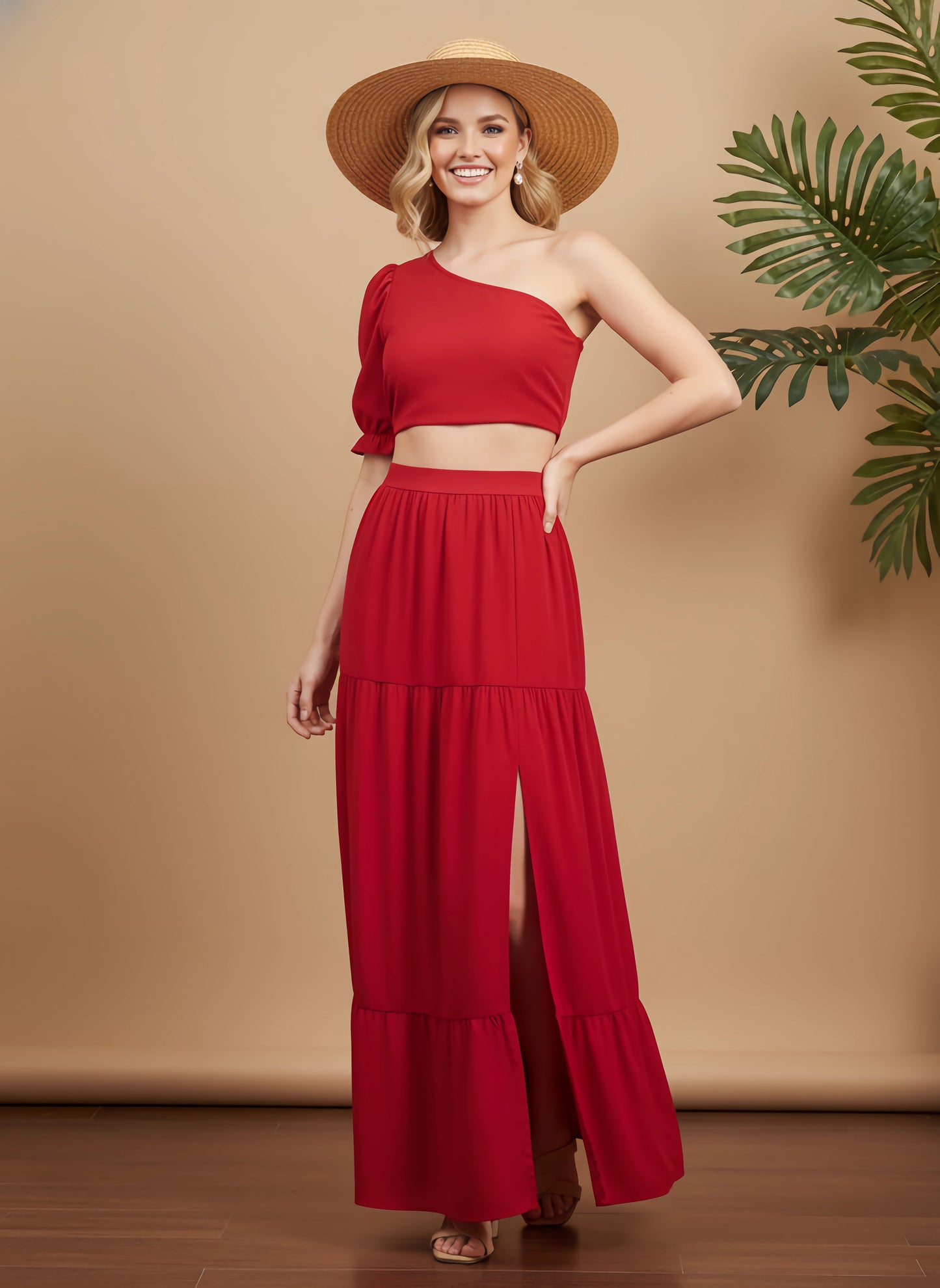 Berrylush Women Solid Red One-Shoulder Neck Puff Sleeves Cropped Top & High-Rise Waist Thigh-High Slit Pleated Maxi Skirt Co-Ord Set