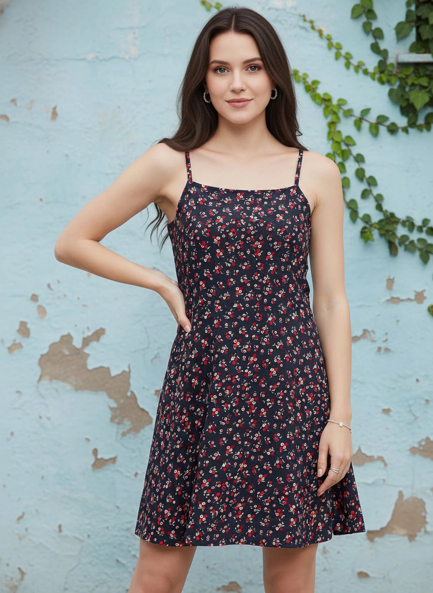 Berrylush Women Navy Blue & Red Floral Printed Square Neck Flared Fit & Flare Mini Dress