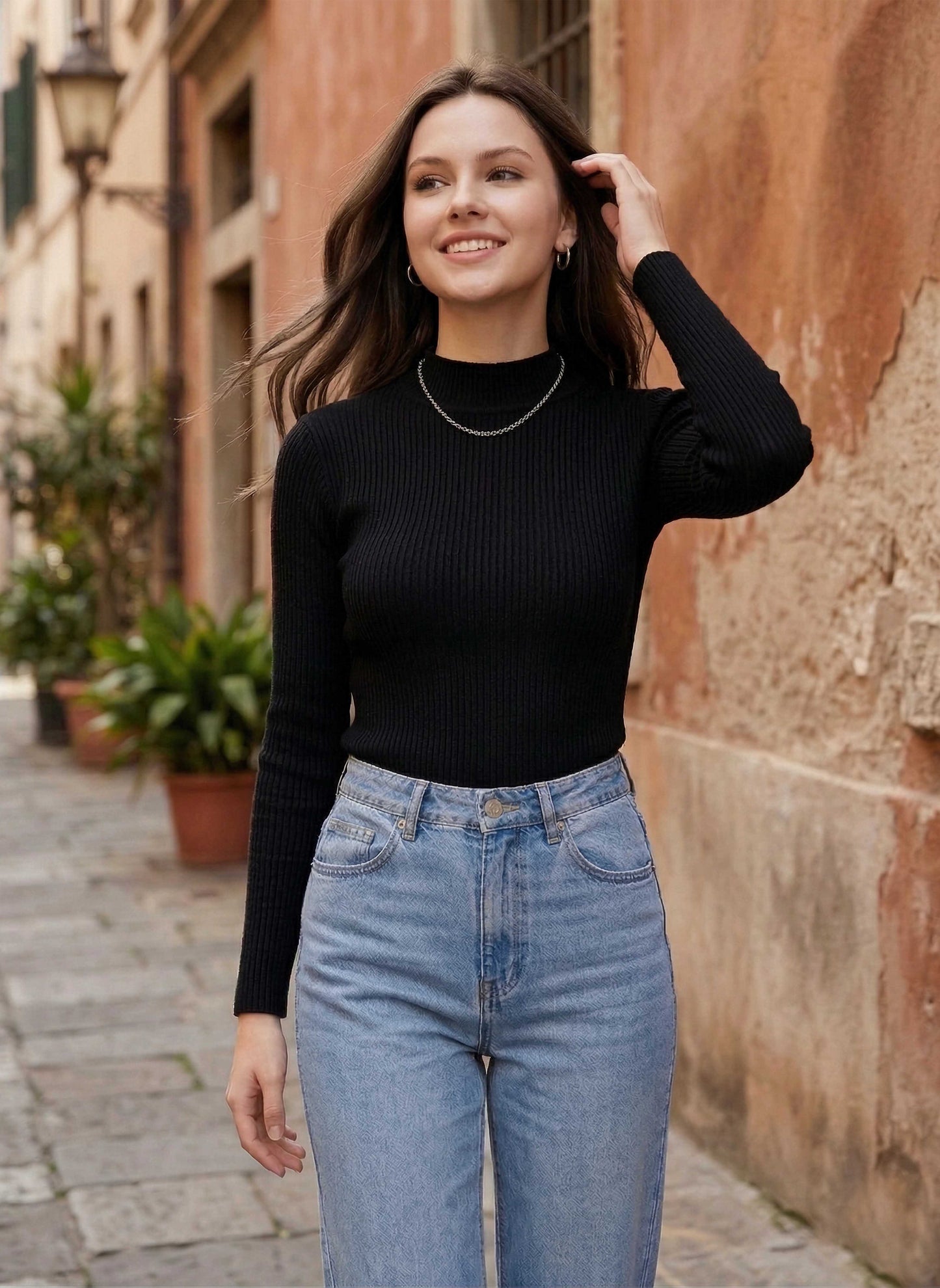 Berrylush Women Solid Black Turtle Neck Acrylic Ribbed Hem Pullover