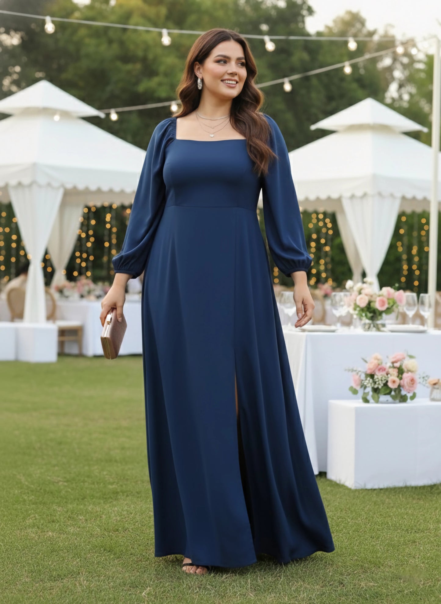 Berrylush Women Plus Size Solid Blue Square Neck Crepe Zipper-Up Thigh-High Slit Fit & Flare Maxi Dress