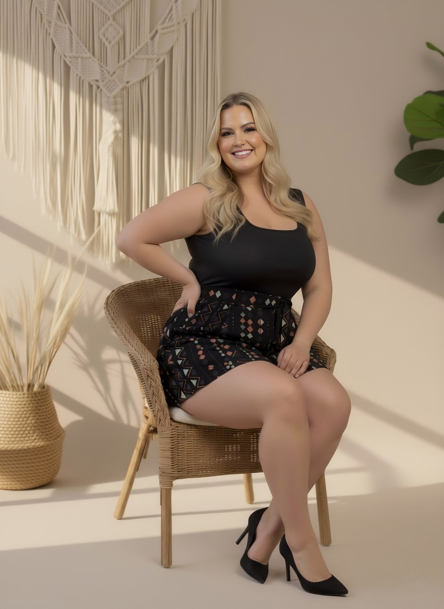 Berrylush Curve Women Black & Multicolour Geometrical Printed Square Neck Sleeveless Waist Tie-Up Lined Mini Jumpsuit