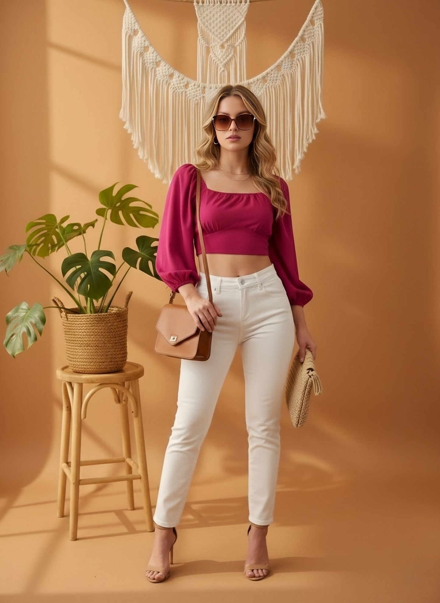 Berrylush Women Solid Pink Square Neck Puff Sleeves Waist Tie-Up Styled Back Pleated Crop Top